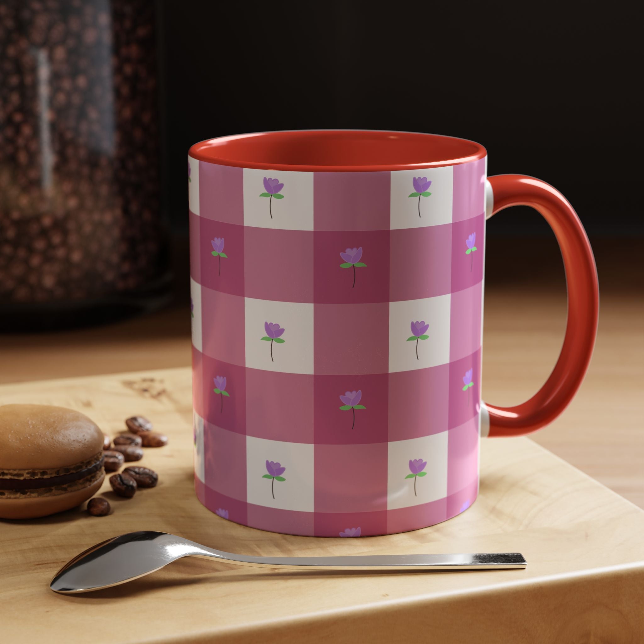 Pink Gingham Tulip Heart Floral Accent Coffee Mug – Cute Purple Rose Pattern (11/15 oz)