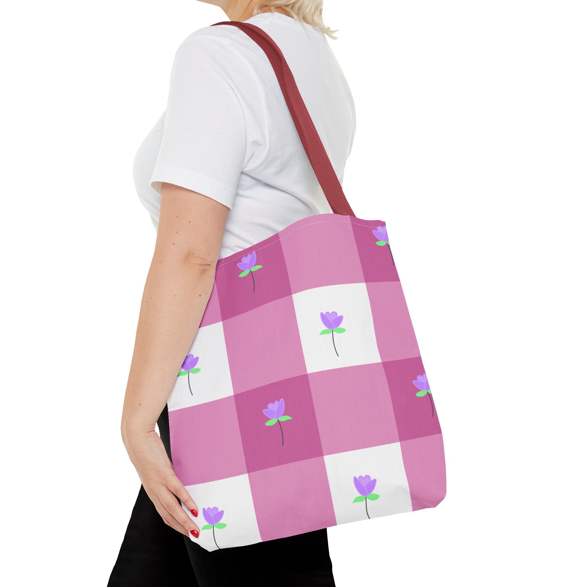 Pink Gingham Tulip Floral Tote Bag — Cute Checkered All-Over Print Tote