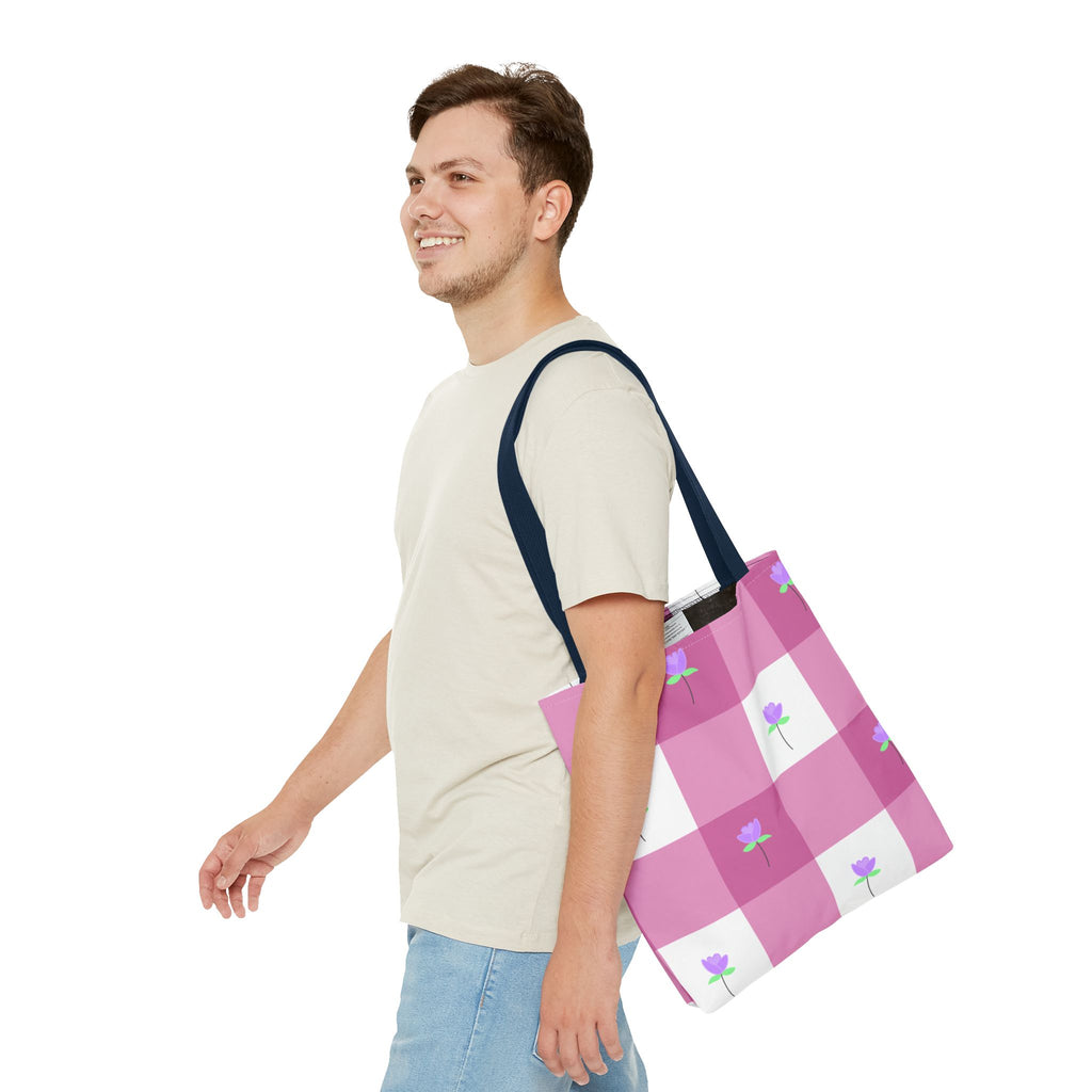 Pink Gingham Tulip Floral Tote Bag — Cute Checkered All-Over Print Tote