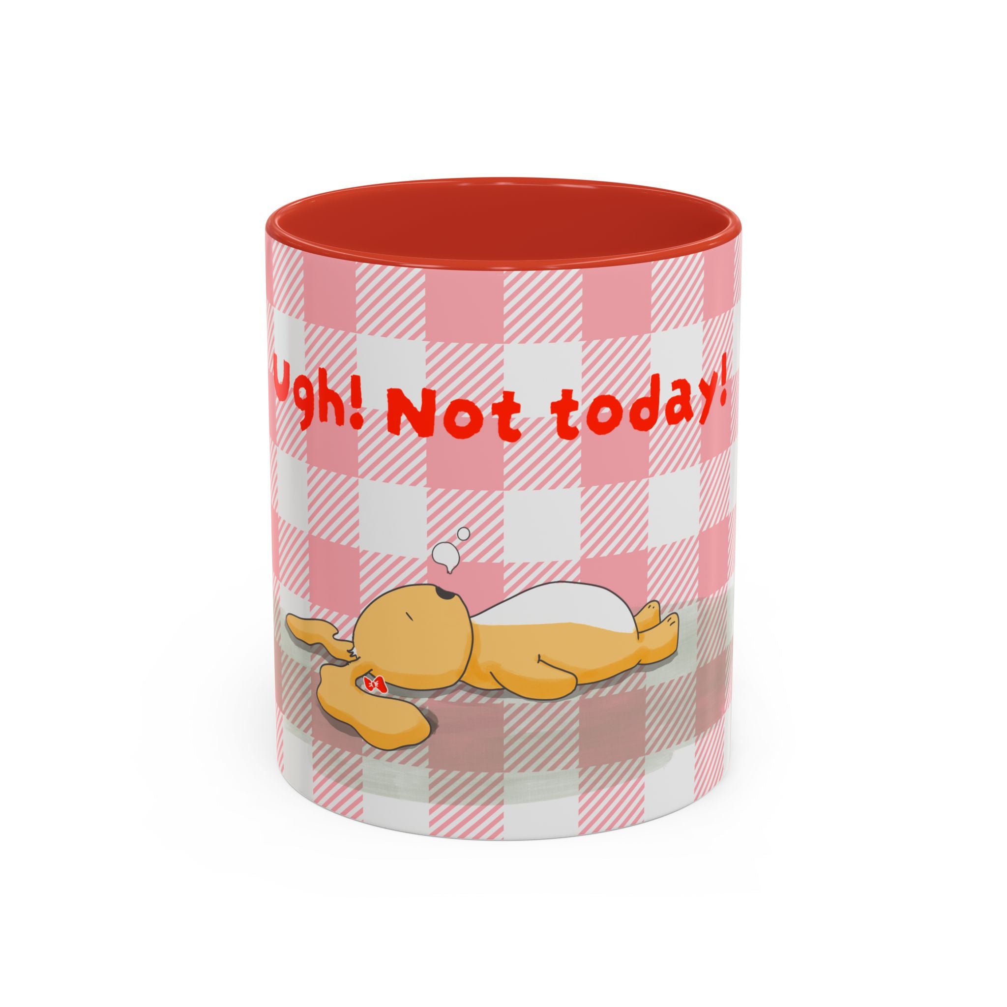 Coffee Mug — "Ugh! Not Today" Cute Lazy Bonnie Pink Check Plaid Accent Mug (11/15oz)