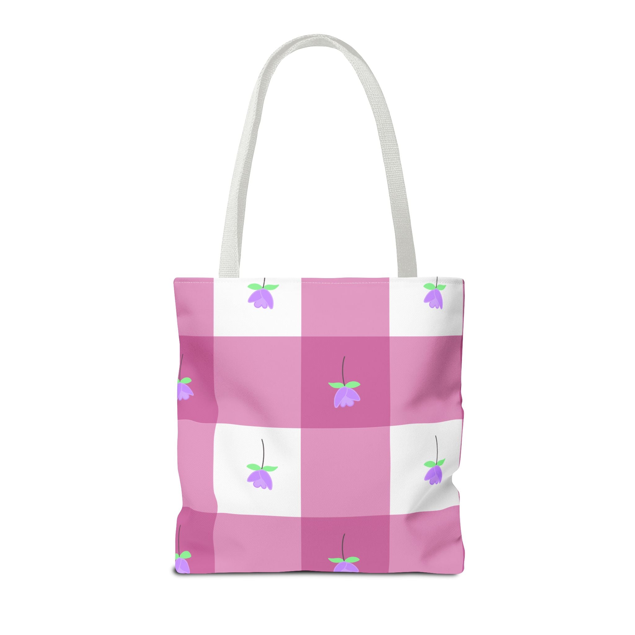 Pink Gingham Tulip Floral Tote Bag — Cute Checkered All-Over Print Tote