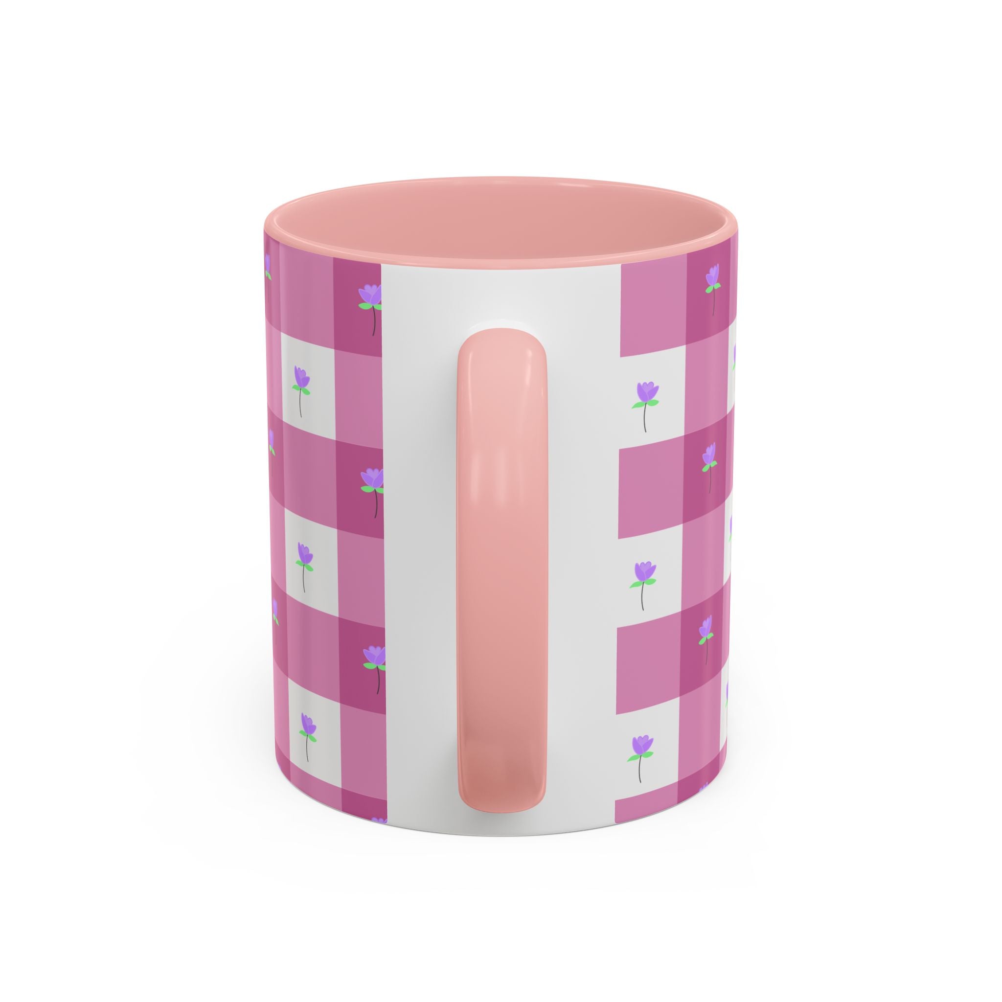 Pink Gingham Floral Tulip Accent Coffee Mug — Cute Purple Rose Pattern (11/15oz)