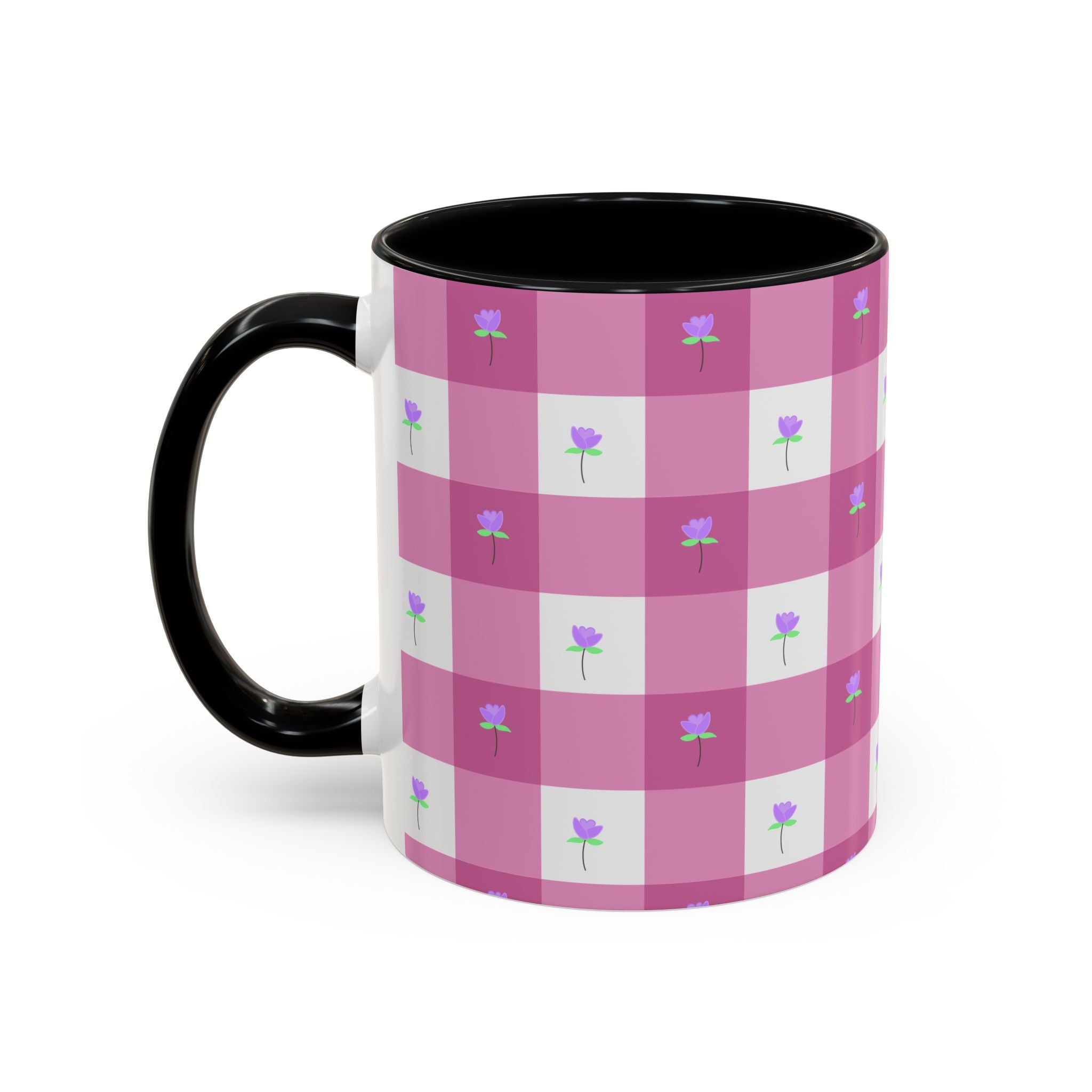Pink Gingham Floral Tulip Accent Coffee Mug — Cute Purple Rose Pattern (11/15oz)