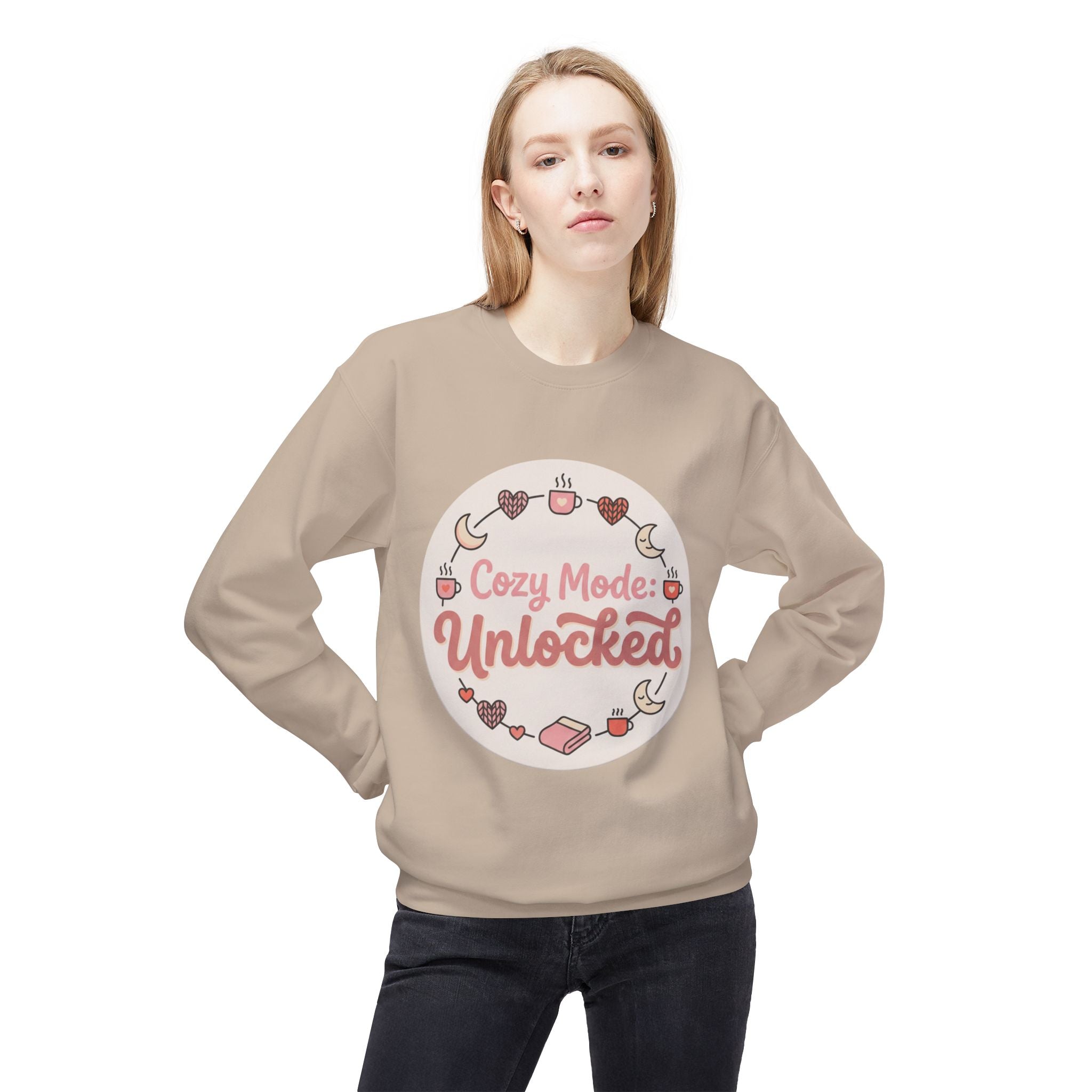 Crewneck Sweatshirt — "Cozy Mode: Unlocked" Cute Pastel Lounge Pullover