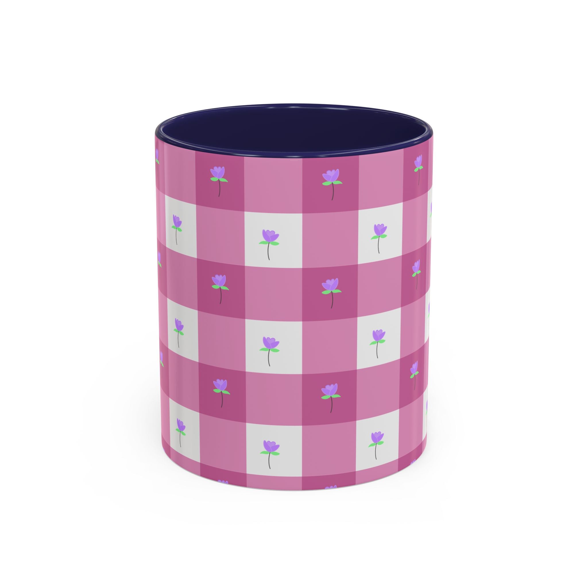 Pink Gingham Floral Tulip Accent Coffee Mug — Cute Purple Rose Pattern (11/15oz)