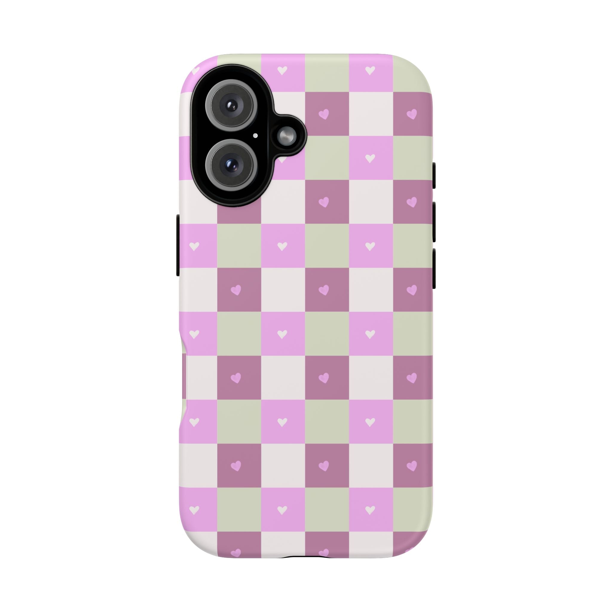 Pink Checkered Phone Case with Tiny Hearts — Cute Pastel Grid iPhone Case