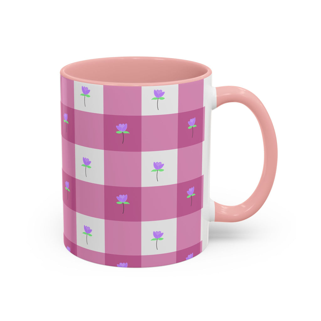 Pink Gingham Tulip Heart Floral Accent Coffee Mug – Cute Purple Rose Pattern (11/15 oz)