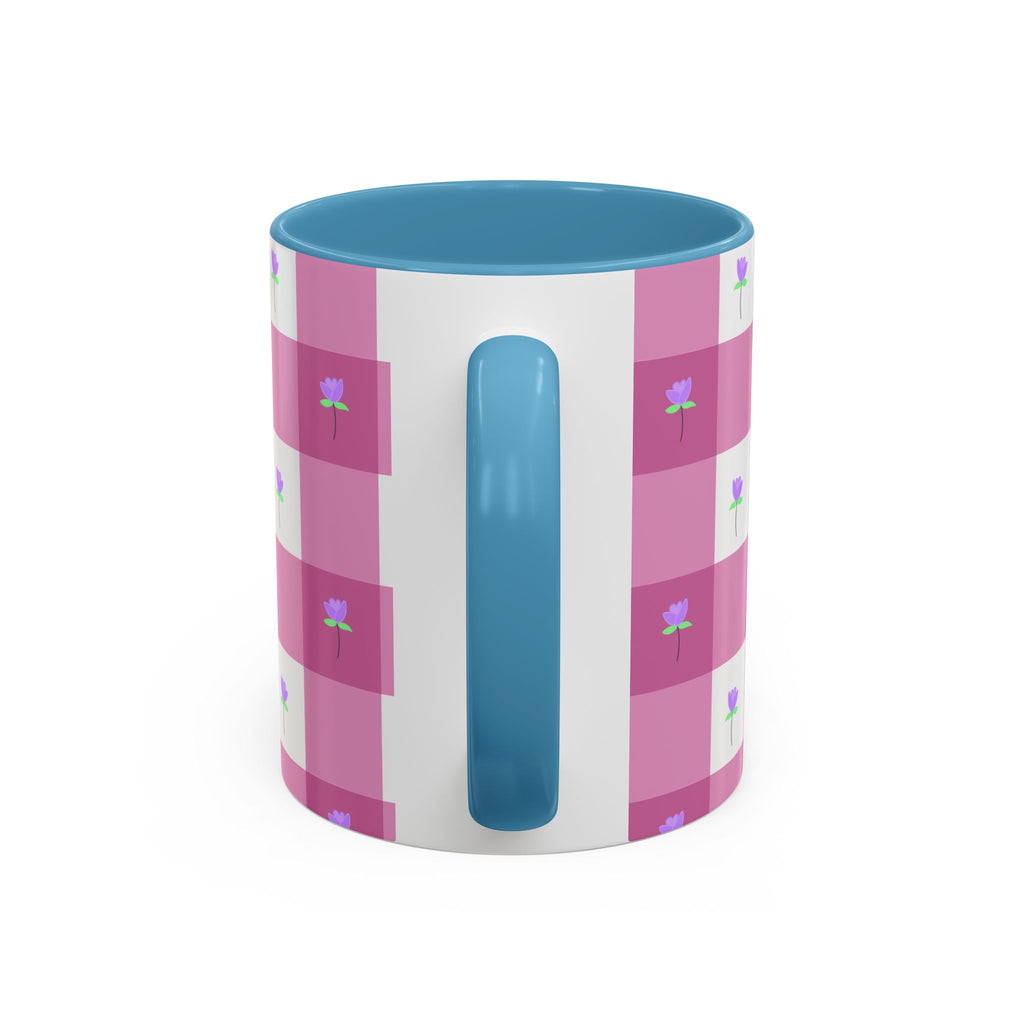 Pink Gingham Tulip Heart Floral Accent Coffee Mug – Cute Purple Rose Pattern (11/15 oz)