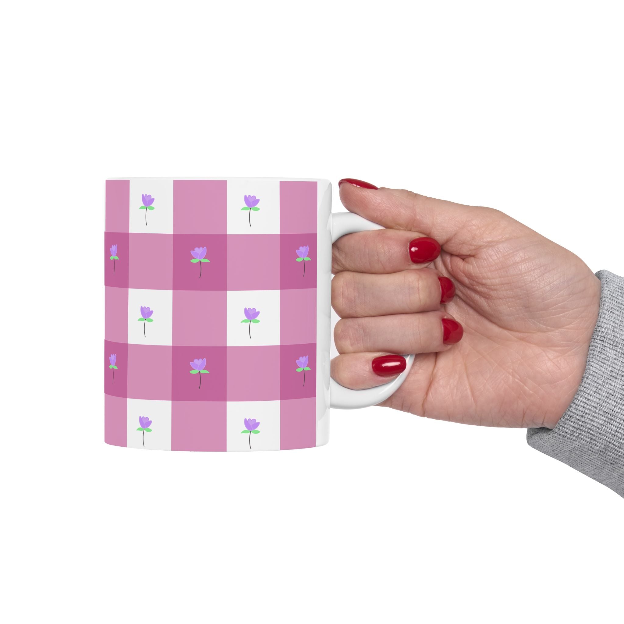 Pink Gingham FloralTulip Ceramic Mug (11oz & 15oz) - Cute Tulip Pattern