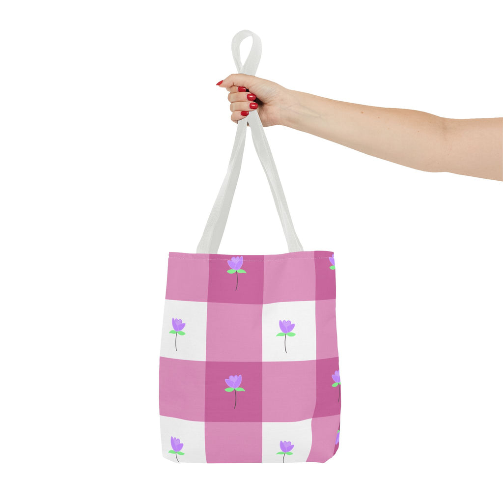 Pink Gingham Tulip Floral Tote Bag — Cute Checkered All-Over Print Tote
