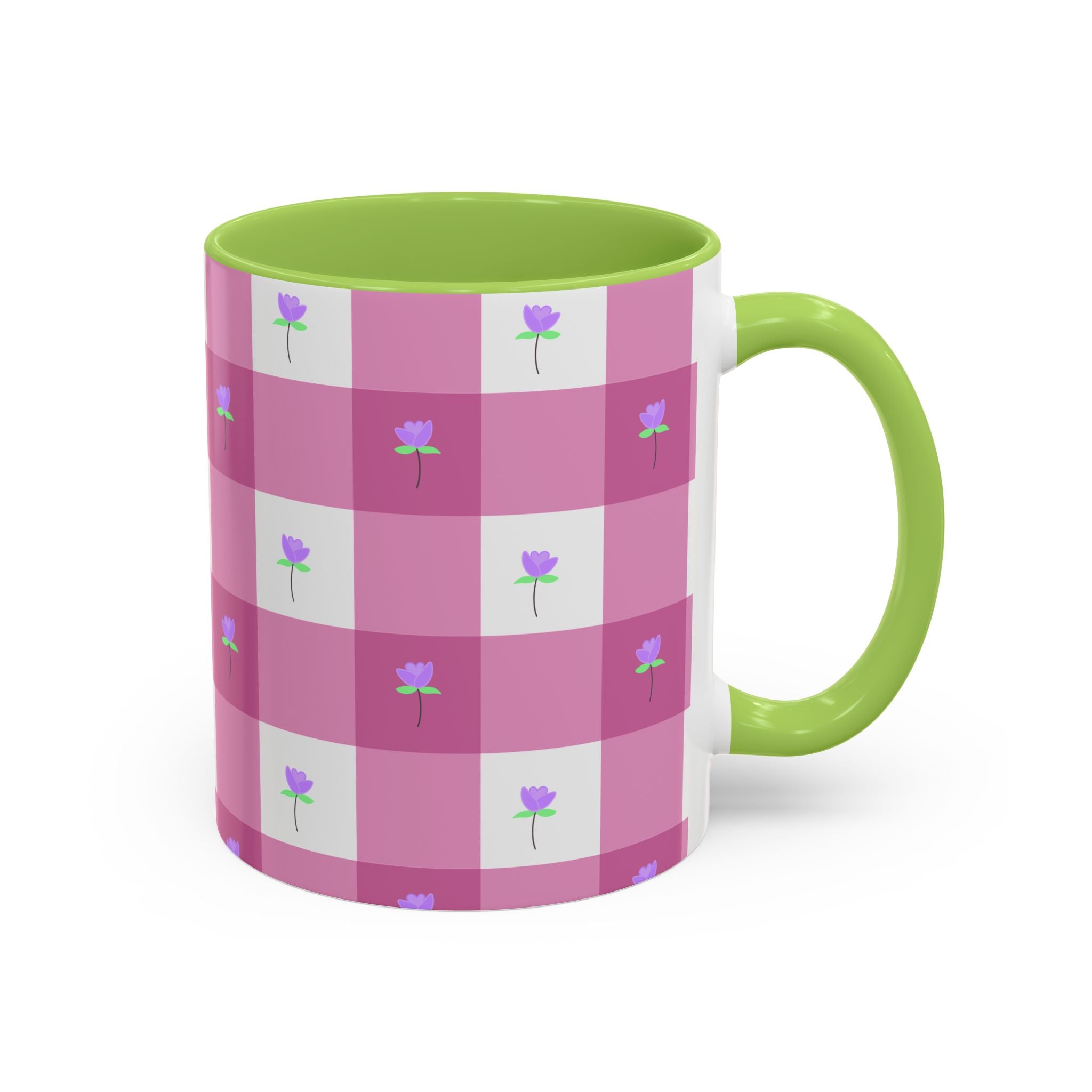 Pink Gingham Tulip Heart Floral Accent Coffee Mug – Cute Purple Rose Pattern (11/15 oz)