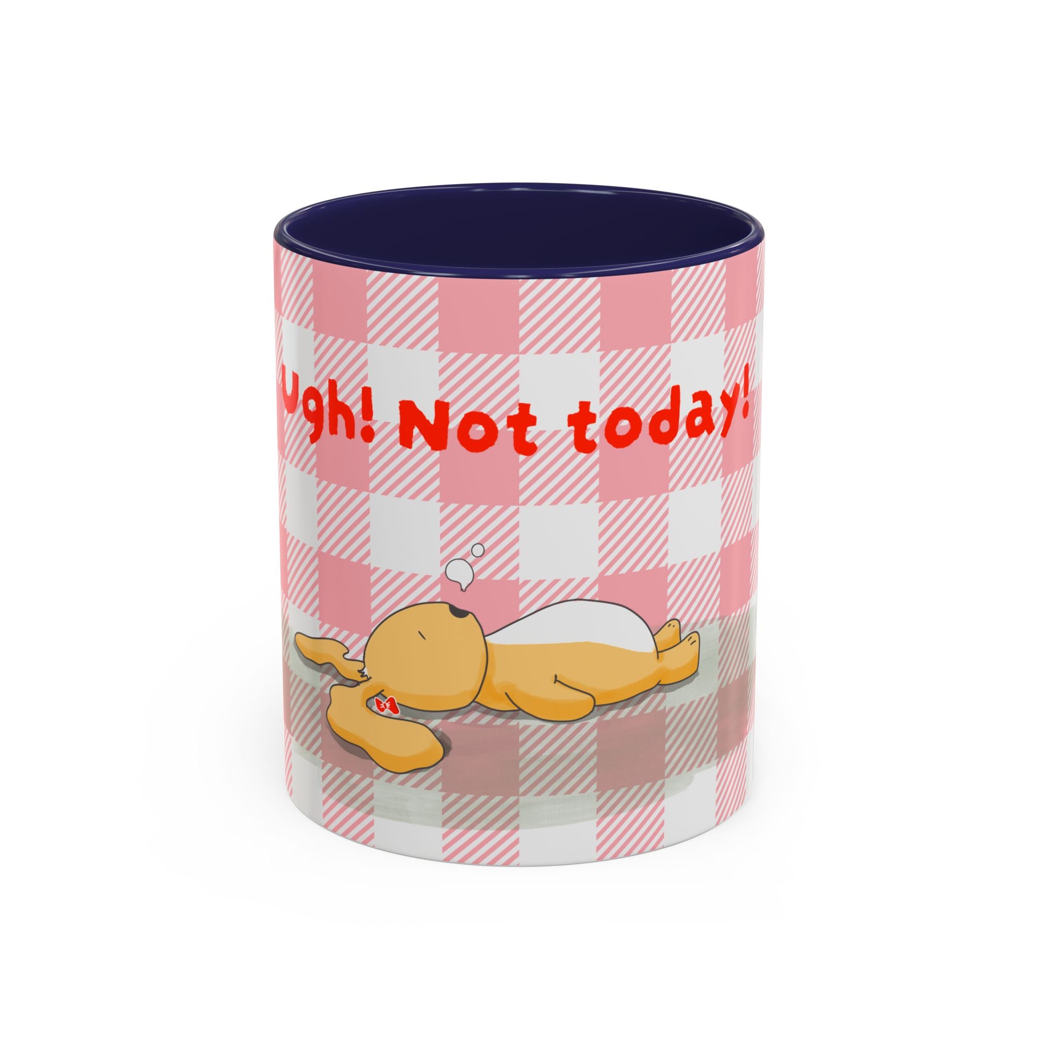 Coffee Mug — "Ugh! Not Today" Cute Lazy Bonnie Pink Check Plaid Accent Mug (11/15oz)
