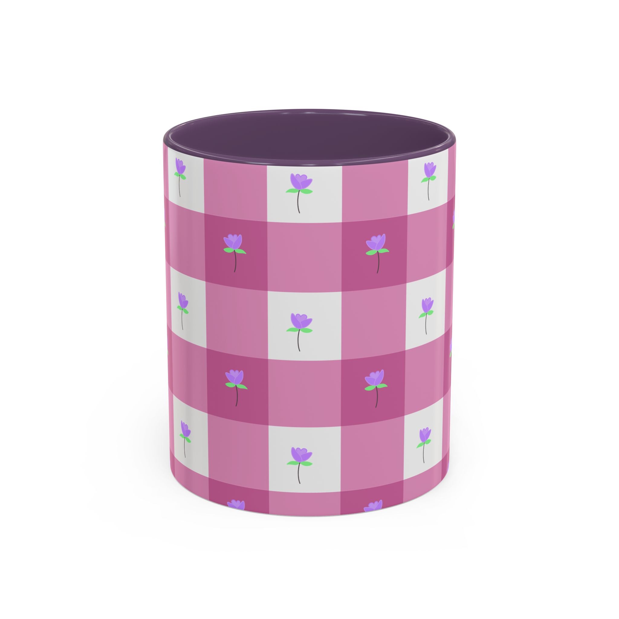 Pink Gingham Tulip Heart Floral Accent Coffee Mug – Cute Purple Rose Pattern (11/15 oz)