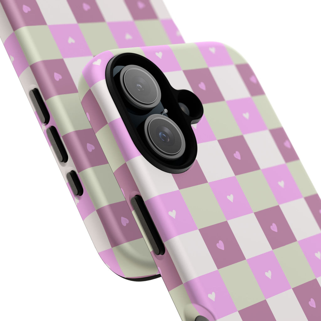 Pink Checkered Phone Case with Tiny Hearts — Cute Pastel Grid iPhone Case