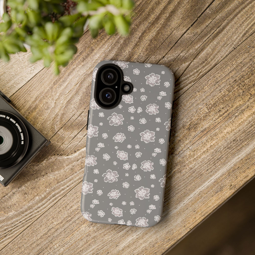 Floral Grey Tough Phone Case – Protective Slim Case with White Blossom Pattern