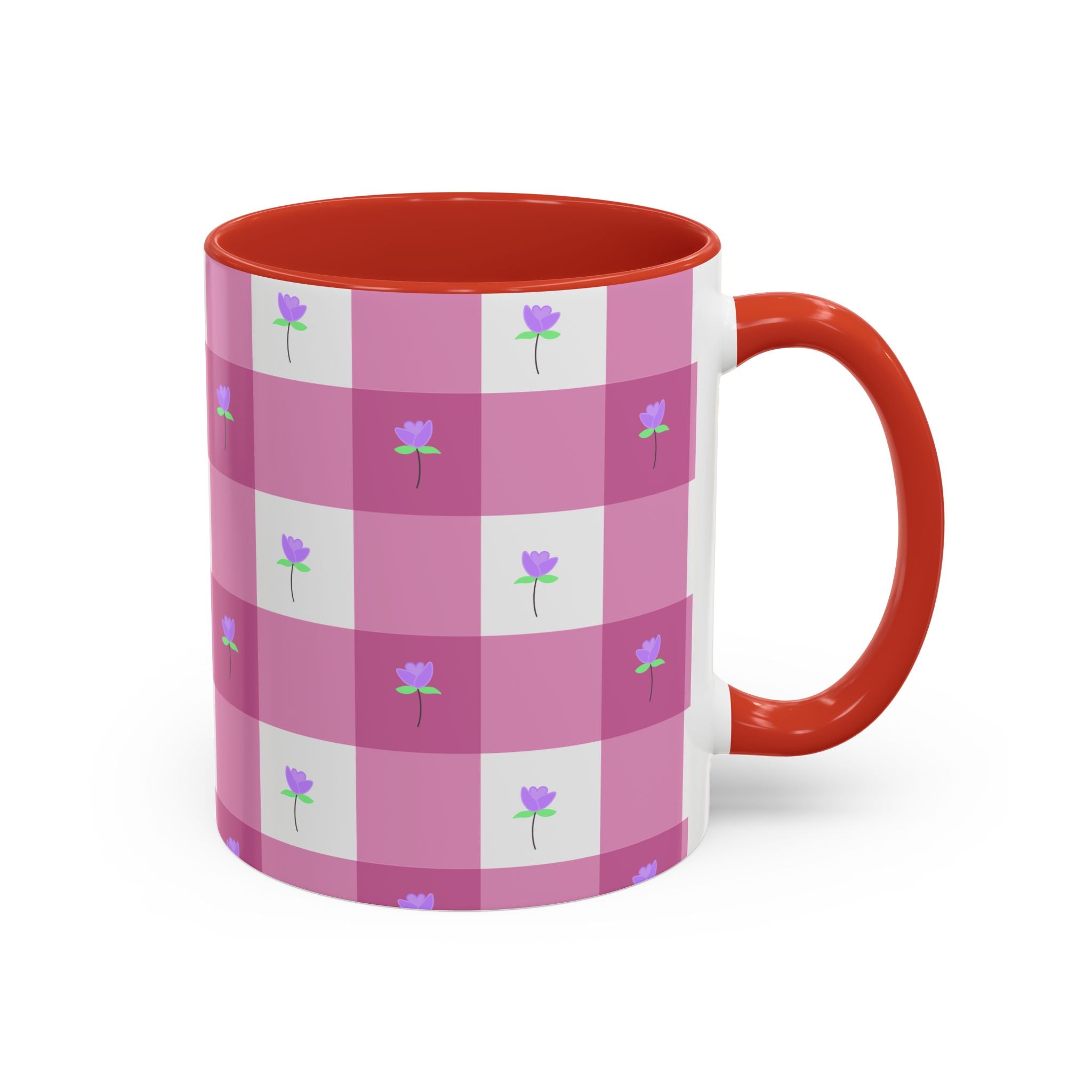 Pink Gingham Tulip Heart Floral Accent Coffee Mug – Cute Purple Rose Pattern (11/15 oz)