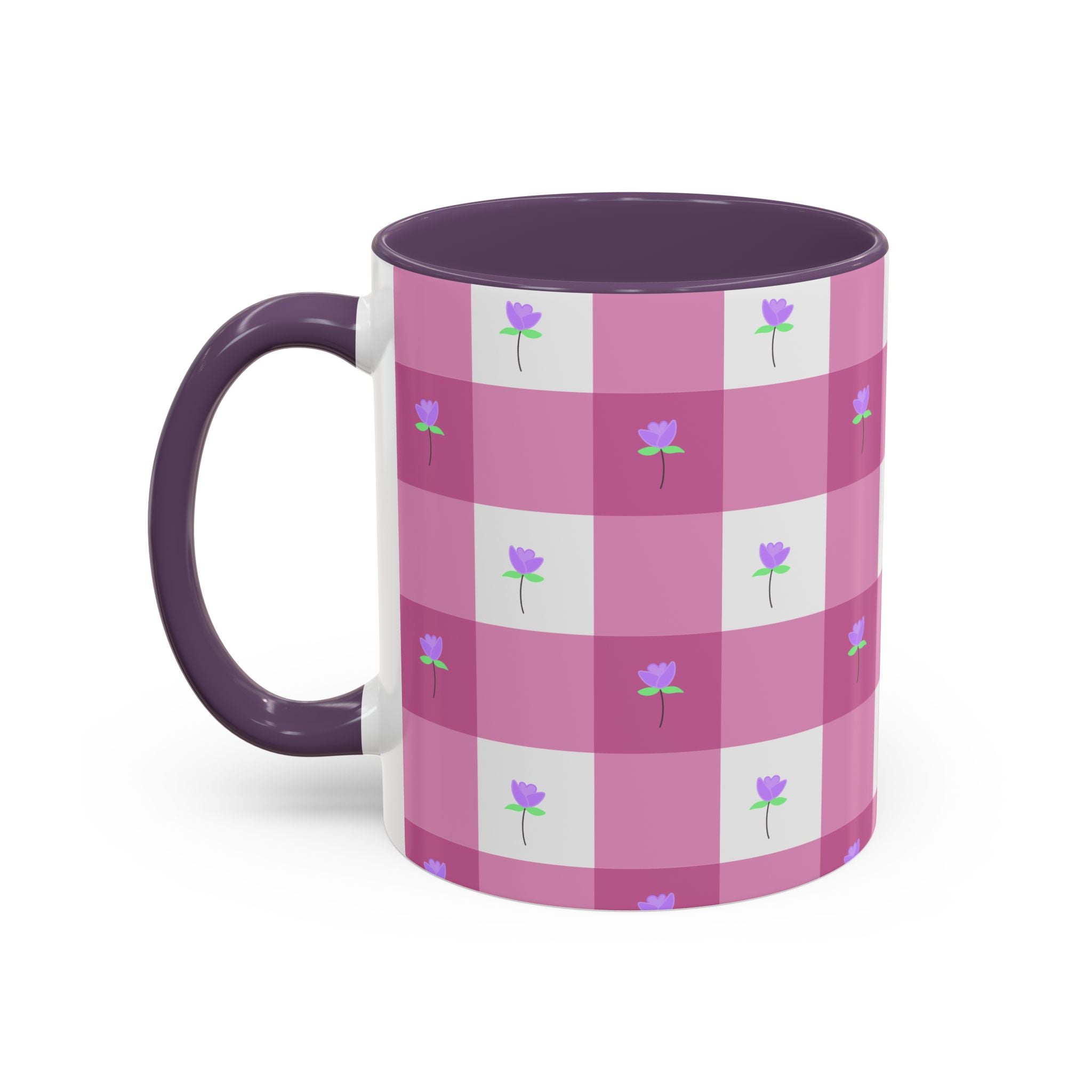 Pink Gingham Tulip Heart Floral Accent Coffee Mug – Cute Purple Rose Pattern (11/15 oz)