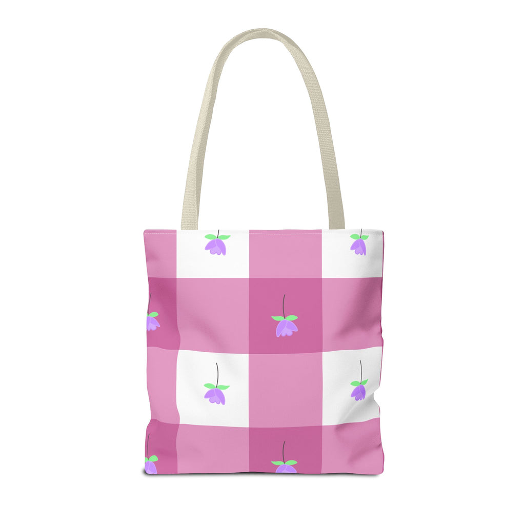 Pink Gingham Tulip Floral Tote Bag — Cute Checkered All-Over Print Tote
