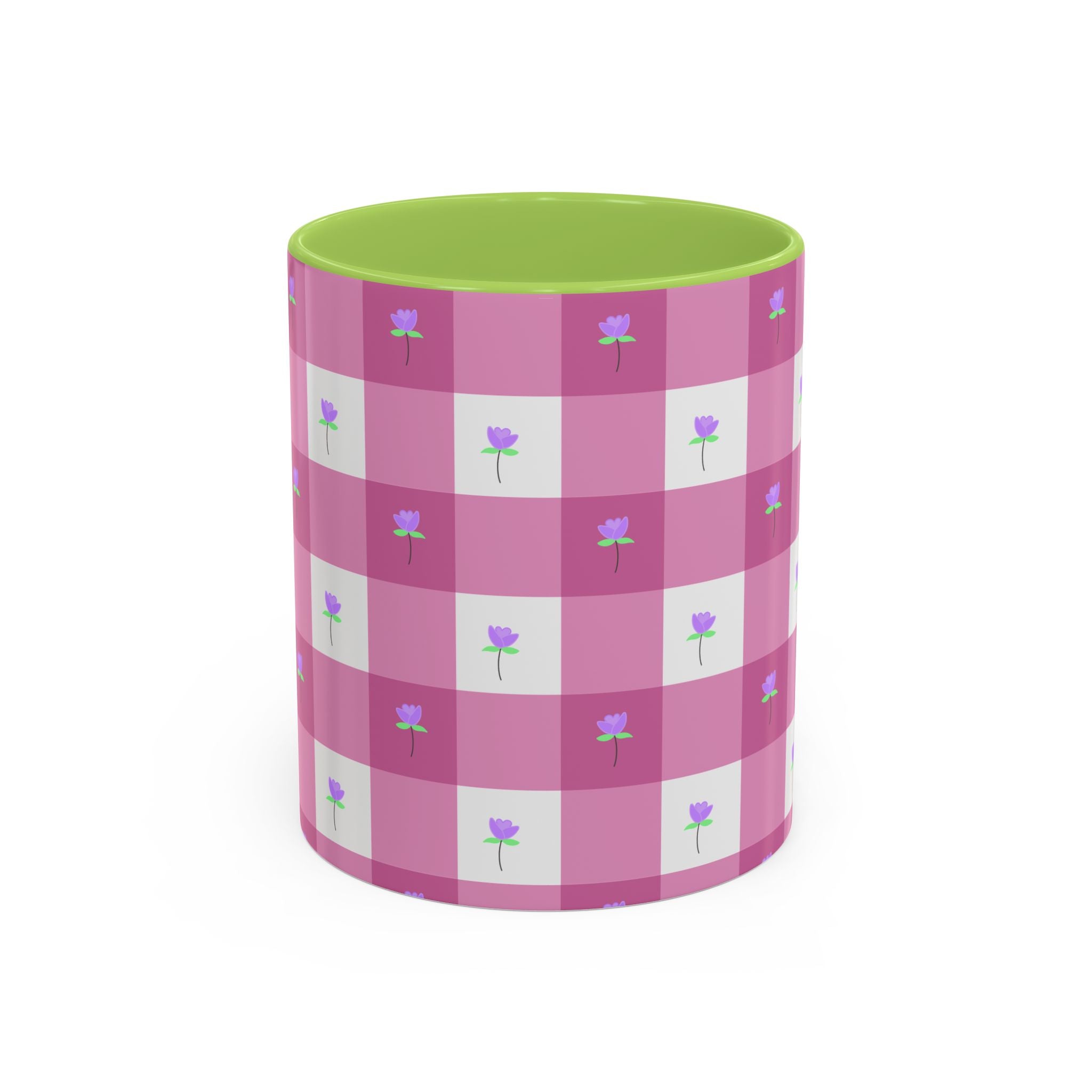 Pink Gingham Floral Tulip Accent Coffee Mug — Cute Purple Rose Pattern (11/15oz)