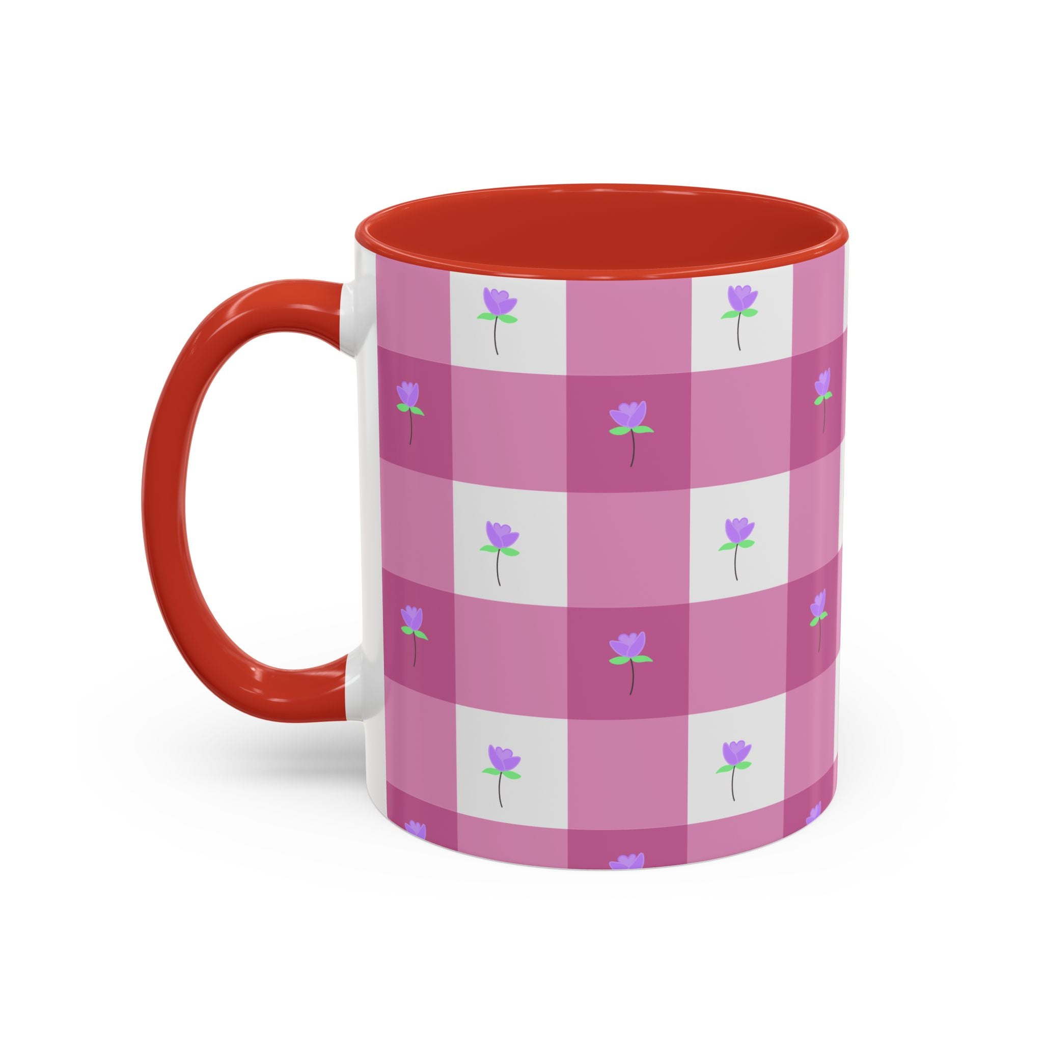 Pink Gingham Tulip Heart Floral Accent Coffee Mug – Cute Purple Rose Pattern (11/15 oz)