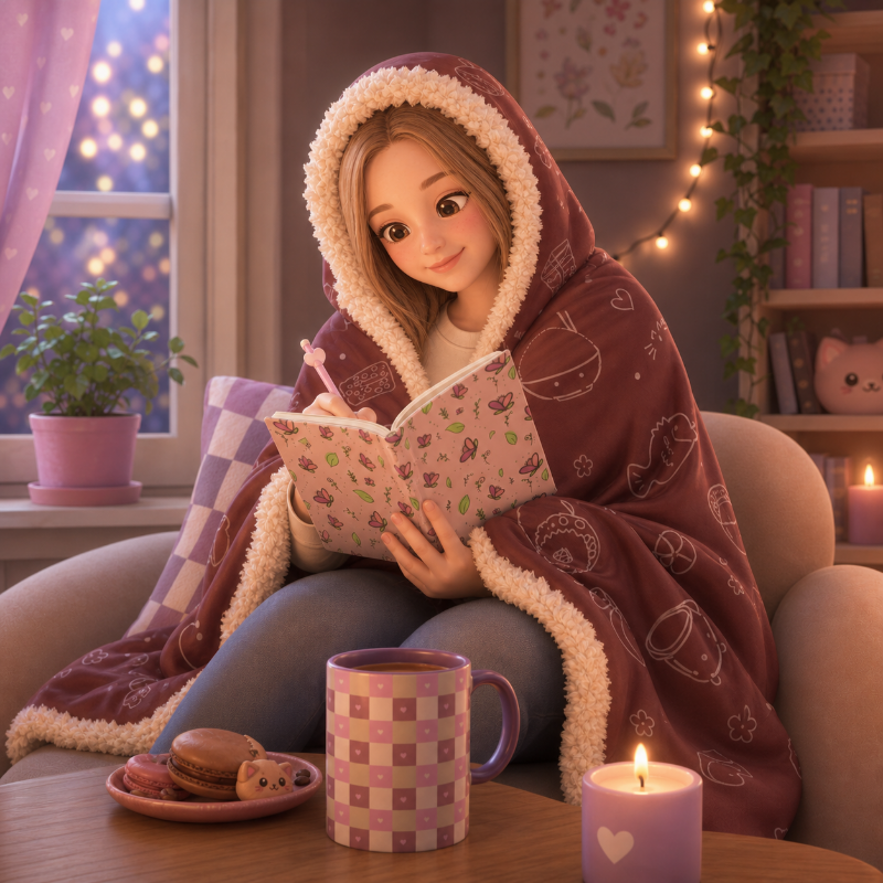 Cozy Hooded Blanket —Kawaii Asian Snacks Pattern Snuggle Blanket