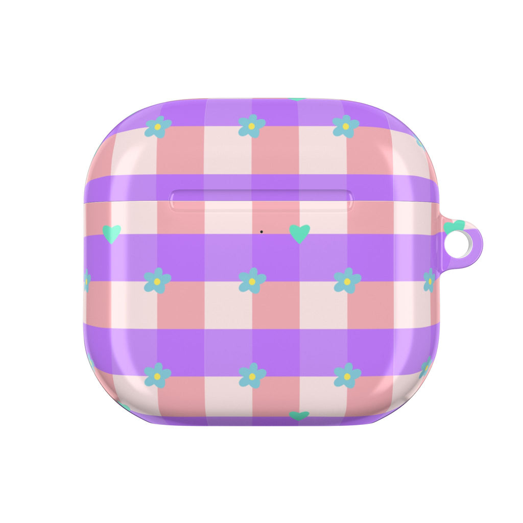 Pastel Gingham Floral AirPod Case — Purple & Pink Plaid with Tiny Flowers