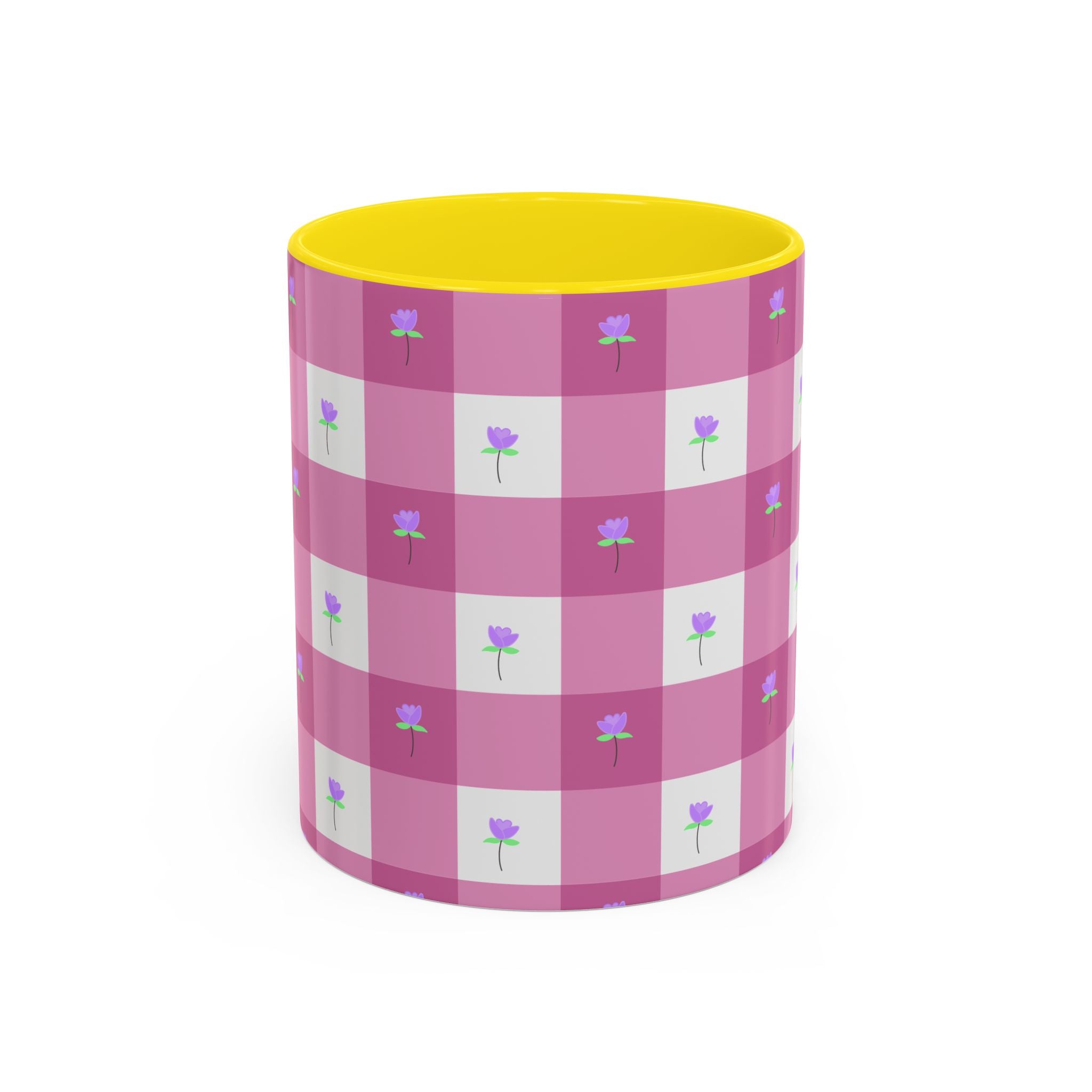 Pink Gingham Floral Tulip Accent Coffee Mug — Cute Purple Rose Pattern (11/15oz)
