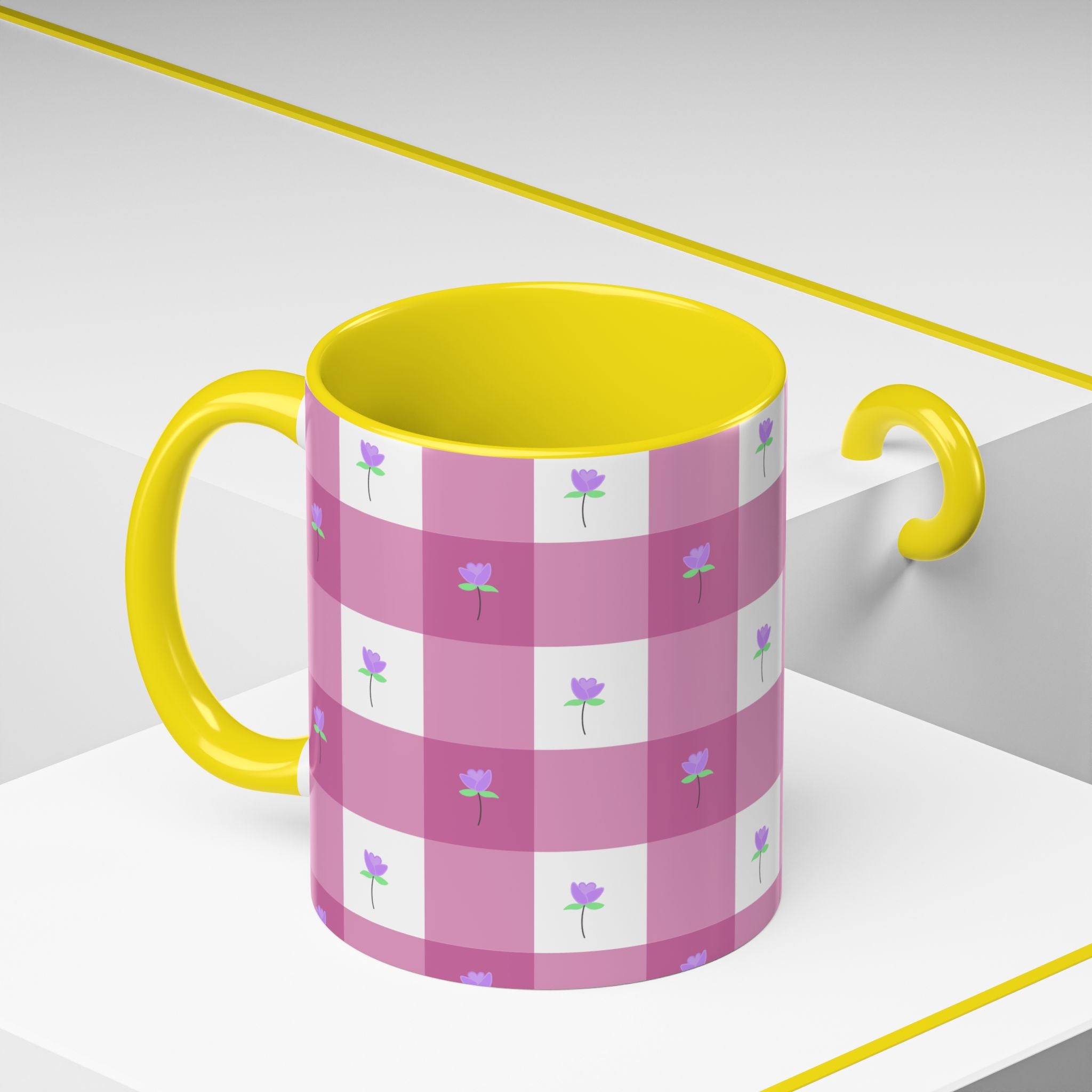 Pink Gingham Tulip Heart Floral Accent Coffee Mug – Cute Purple Rose Pattern (11/15 oz)