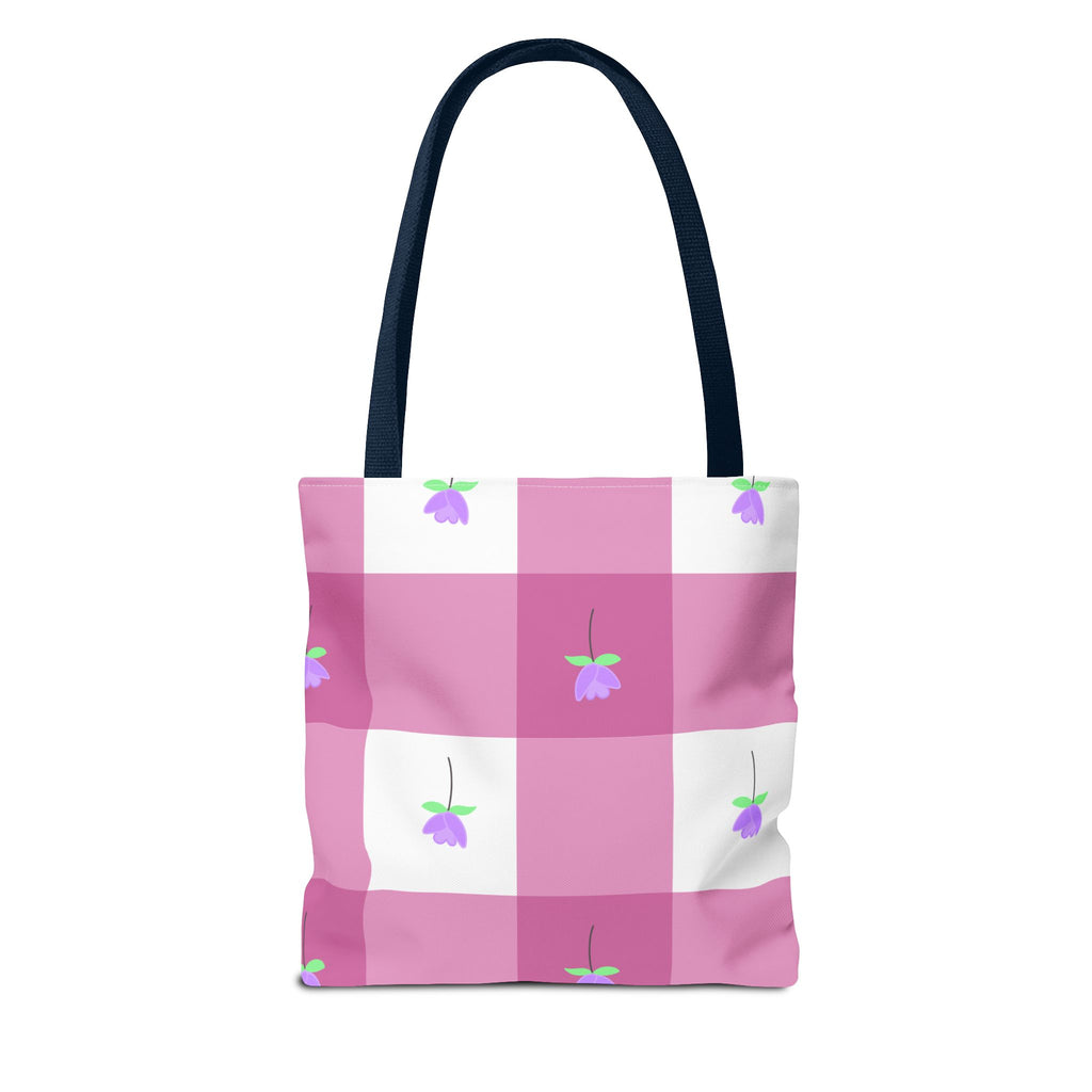 Pink Gingham Tulip Floral Tote Bag — Cute Checkered All-Over Print Tote