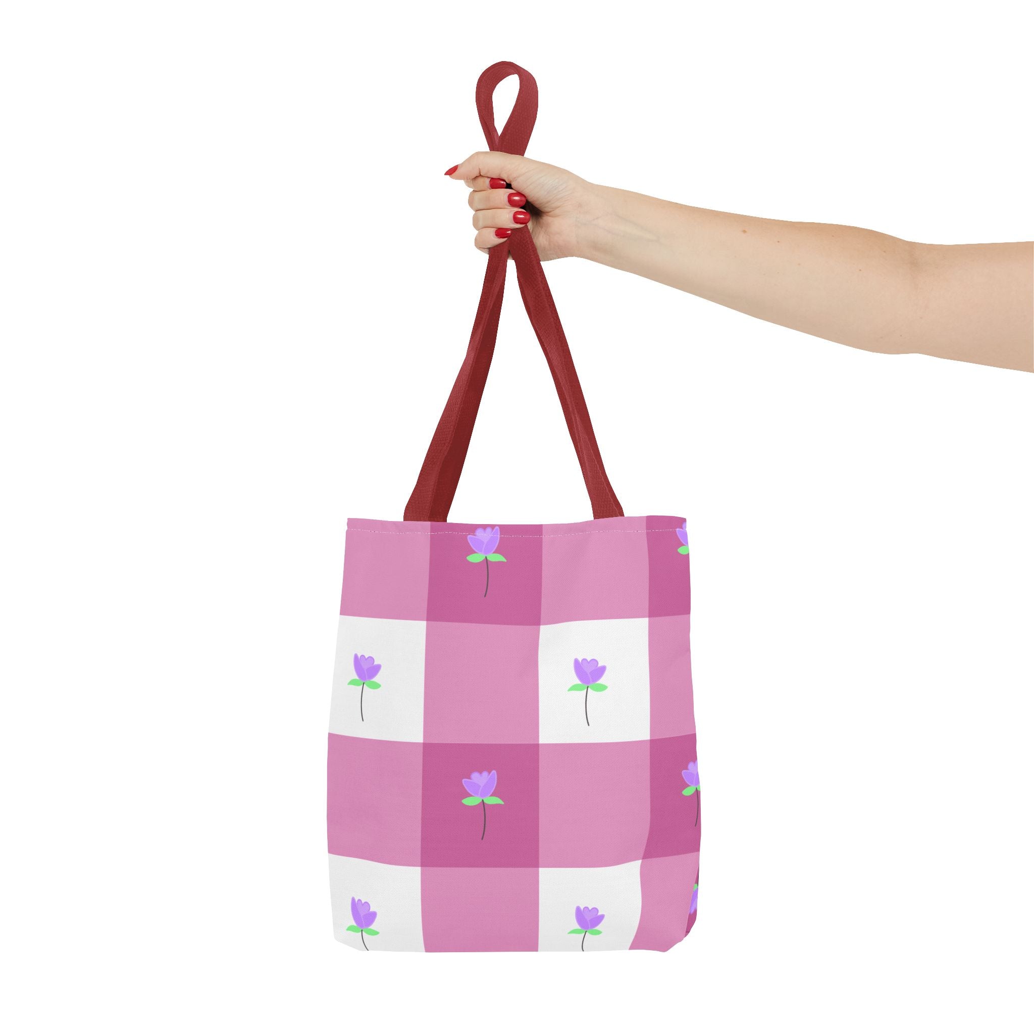 Pink Gingham Tulip Floral Tote Bag — Cute Checkered All-Over Print Tote