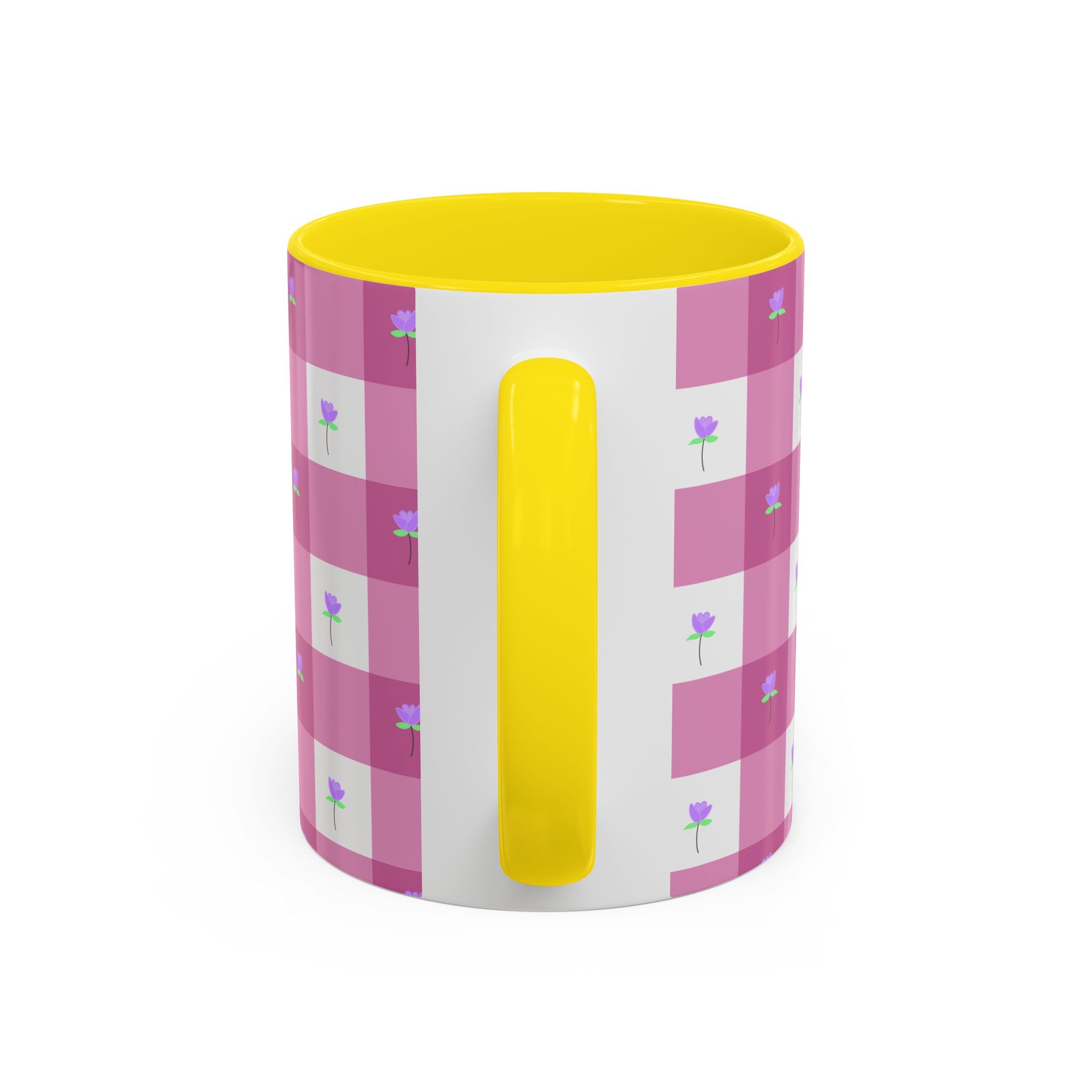 Pink Gingham Floral Tulip Accent Coffee Mug — Cute Purple Rose Pattern (11/15oz)