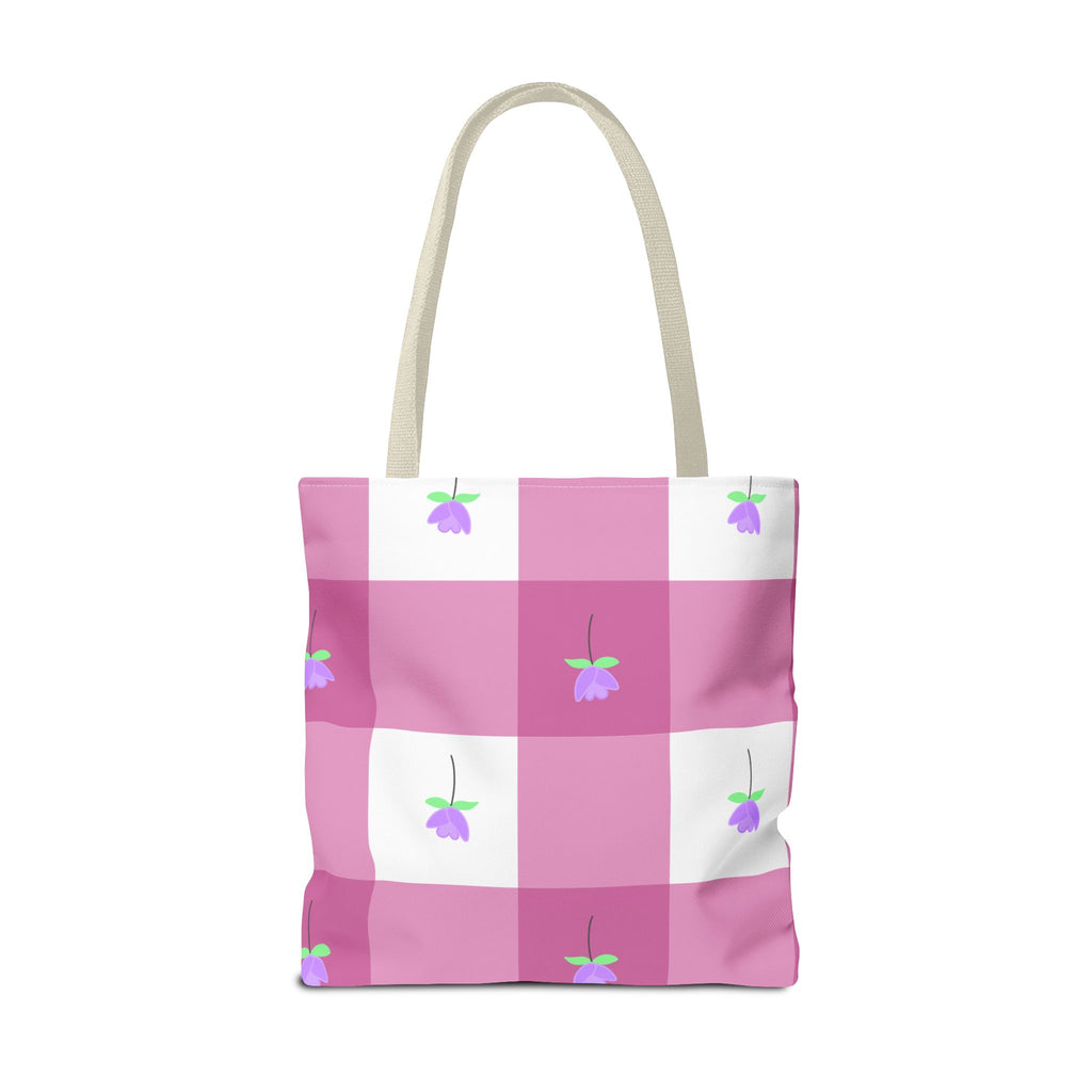 Pink Gingham Tulip Floral Tote Bag — Cute Checkered All-Over Print Tote