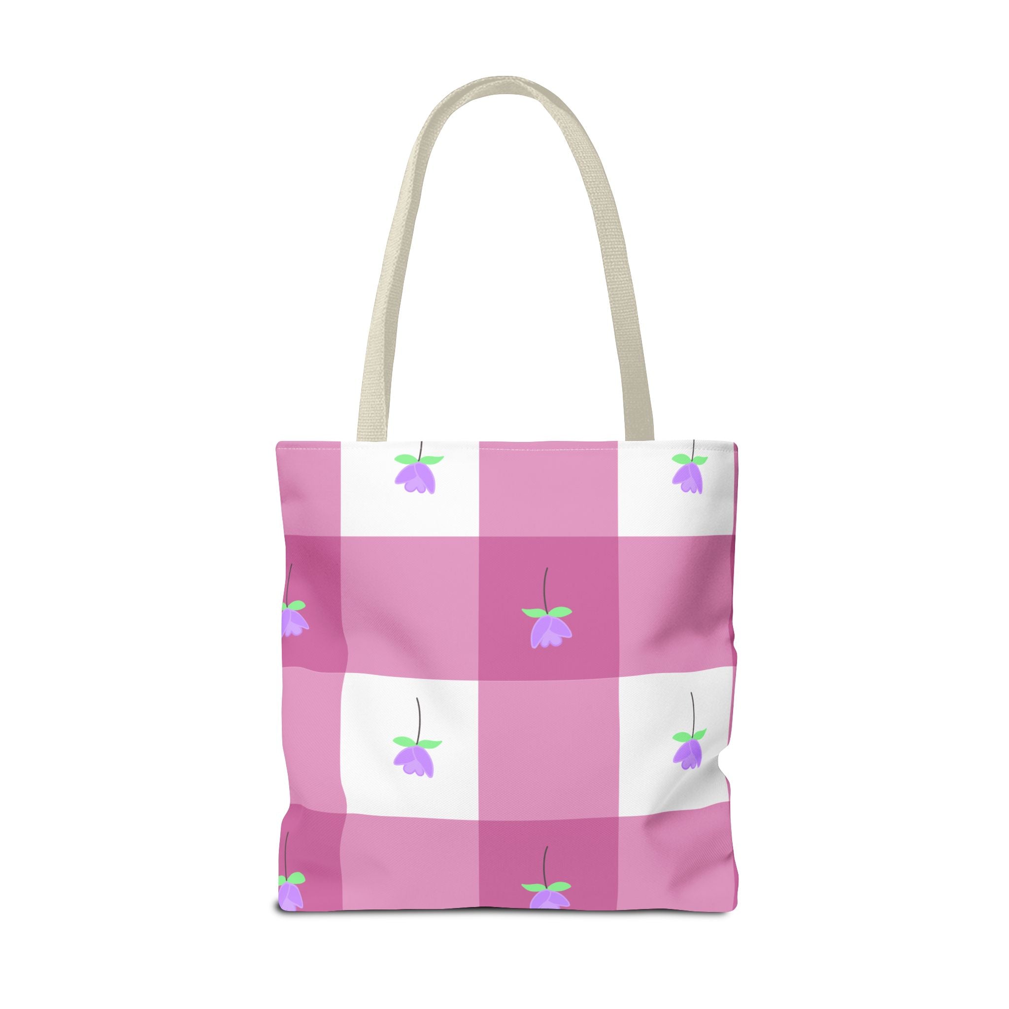 Pink Gingham Tulip Floral Tote Bag — Cute Checkered All-Over Print Tote