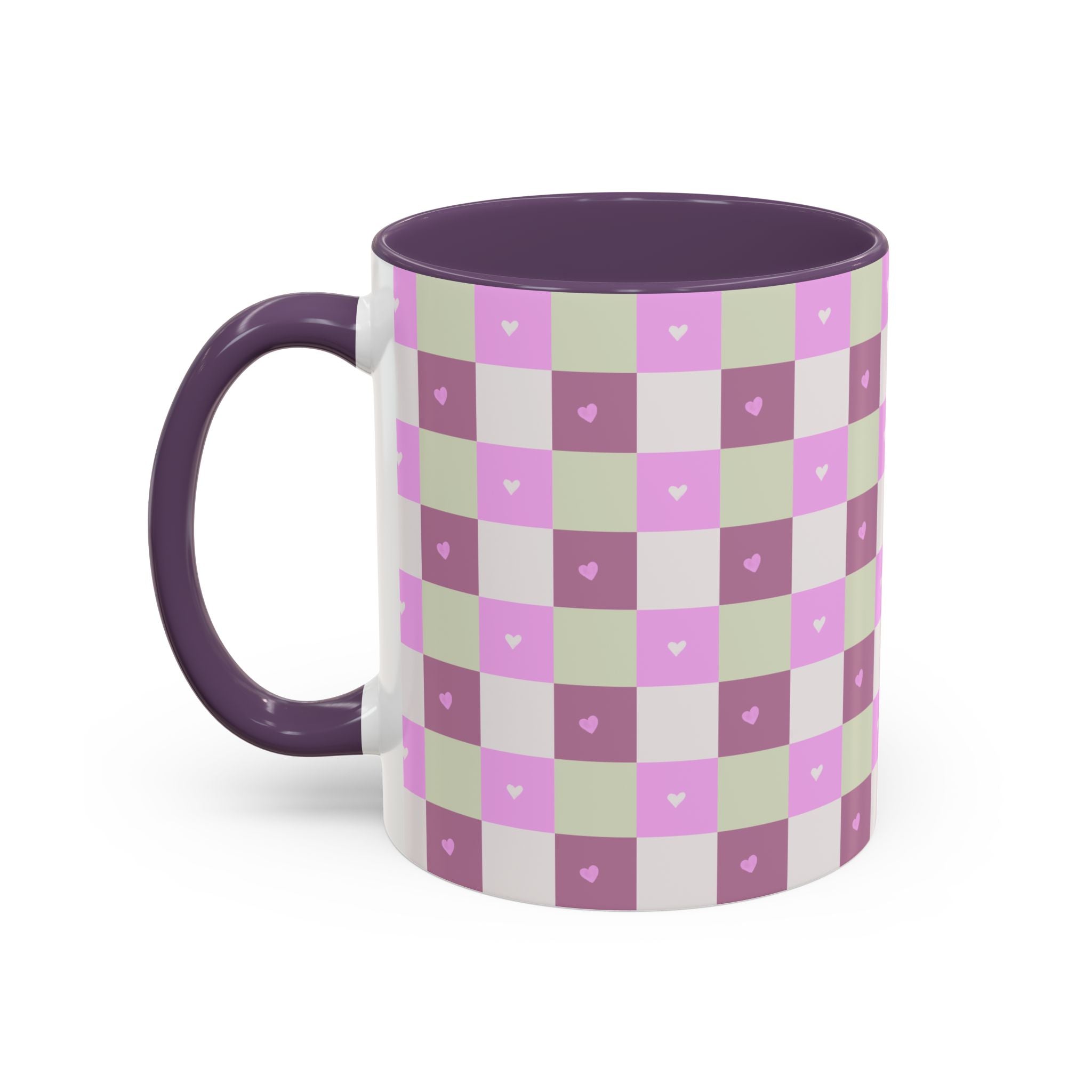 Purple Heart Gingham Coffee Mug — Pink & Lavender Ceramic