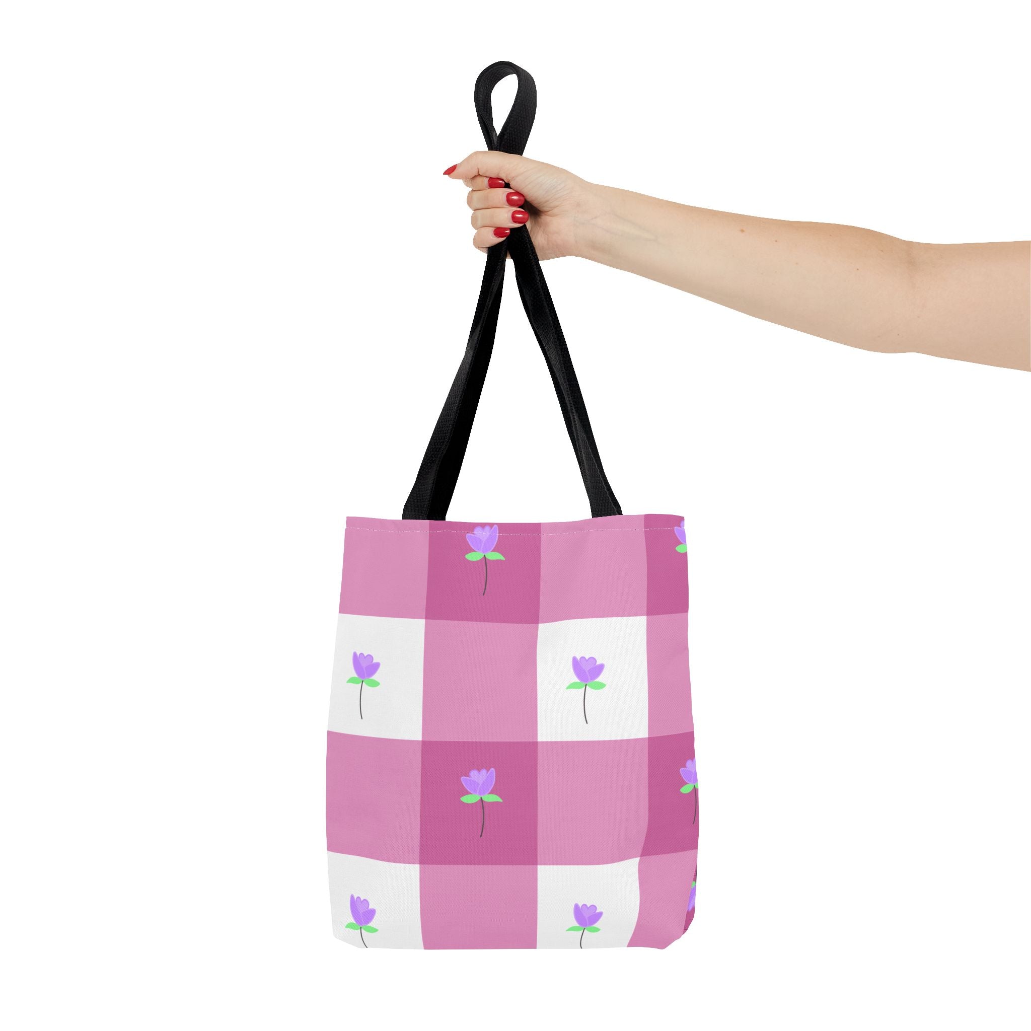 Pink Gingham Tulip Floral Tote Bag — Cute Checkered All-Over Print Tote