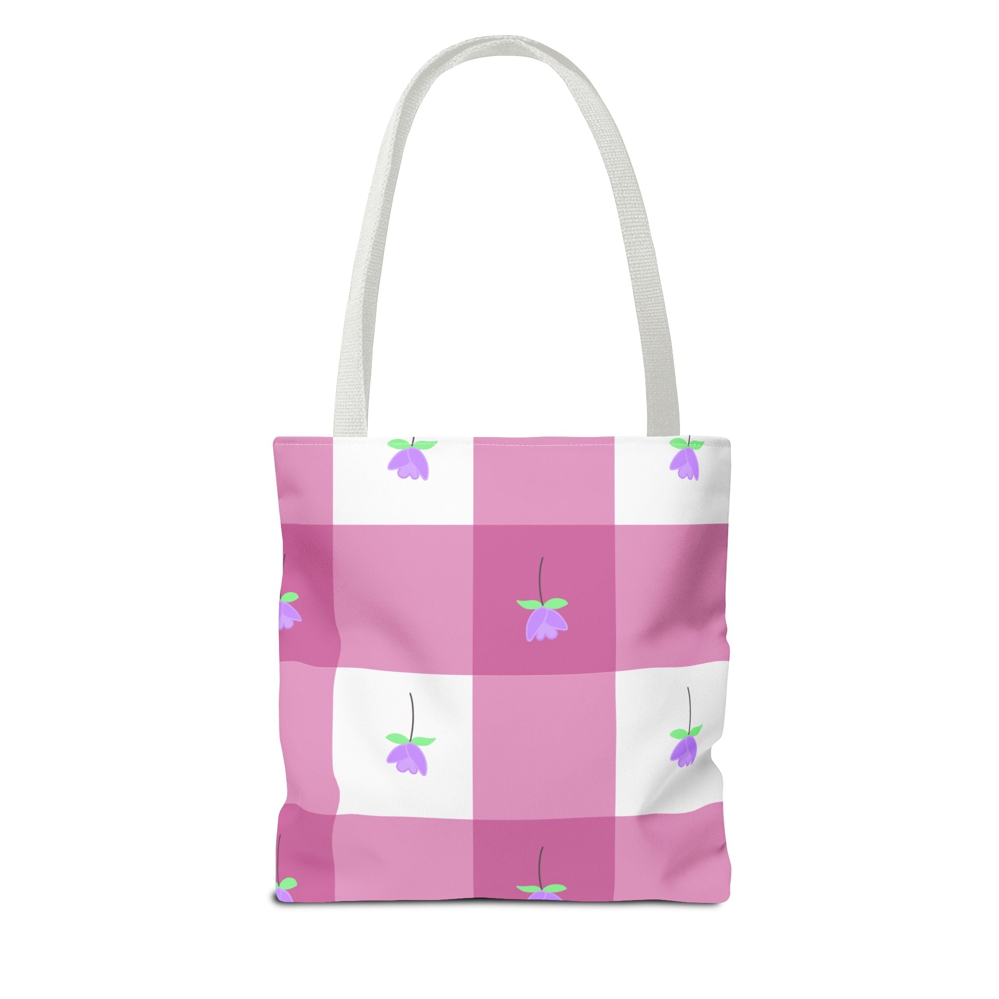 Pink Gingham Tulip Floral Tote Bag — Cute Checkered All-Over Print Tote