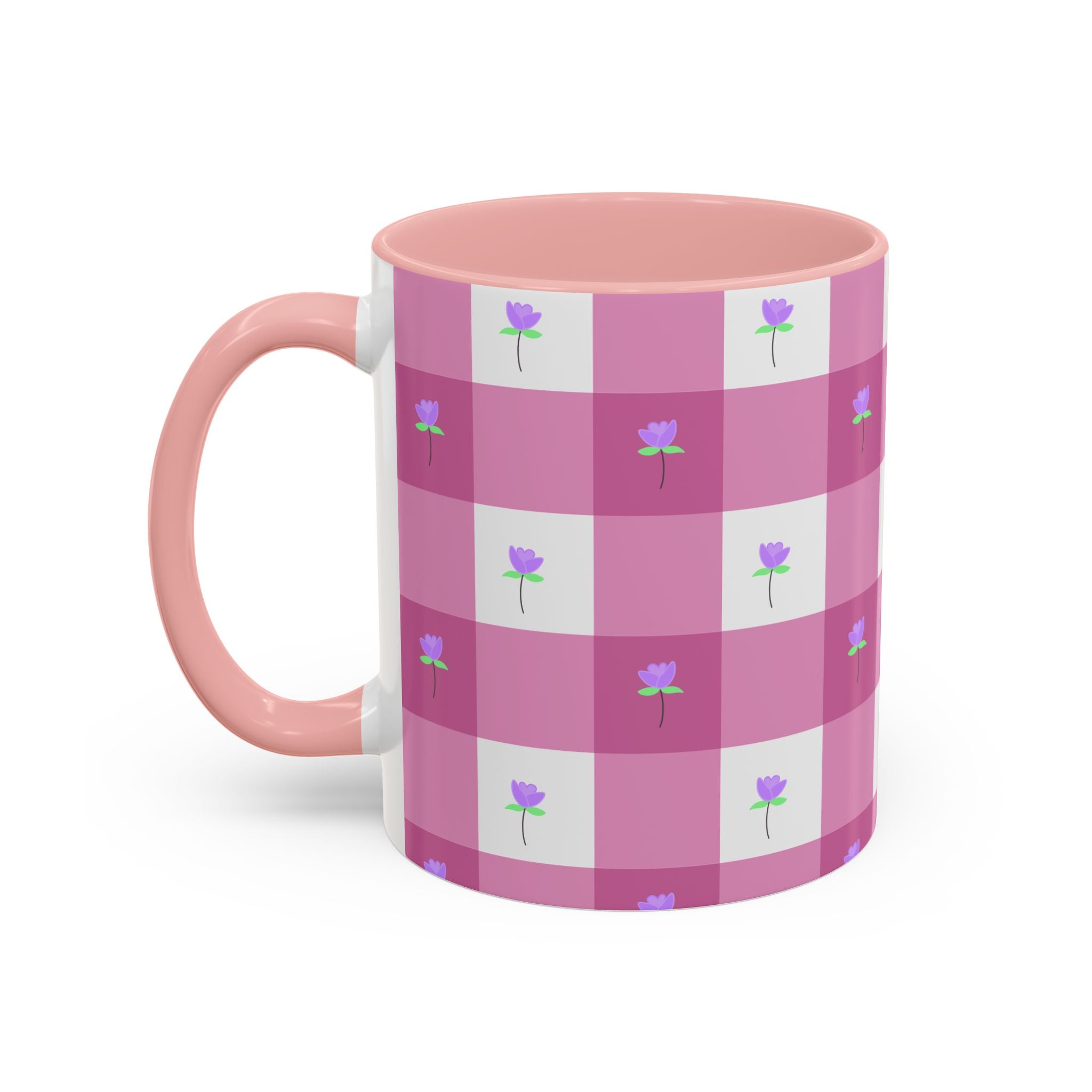 Pink Gingham Tulip Heart Floral Accent Coffee Mug – Cute Purple Rose Pattern (11/15 oz)