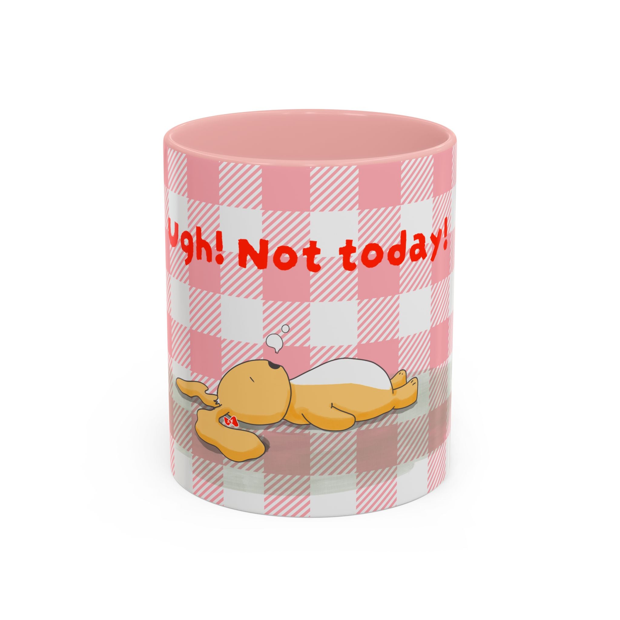 Coffee Mug — "Ugh! Not Today" Cute Lazy Bonnie Pink Check Plaid Accent Mug (11/15oz)