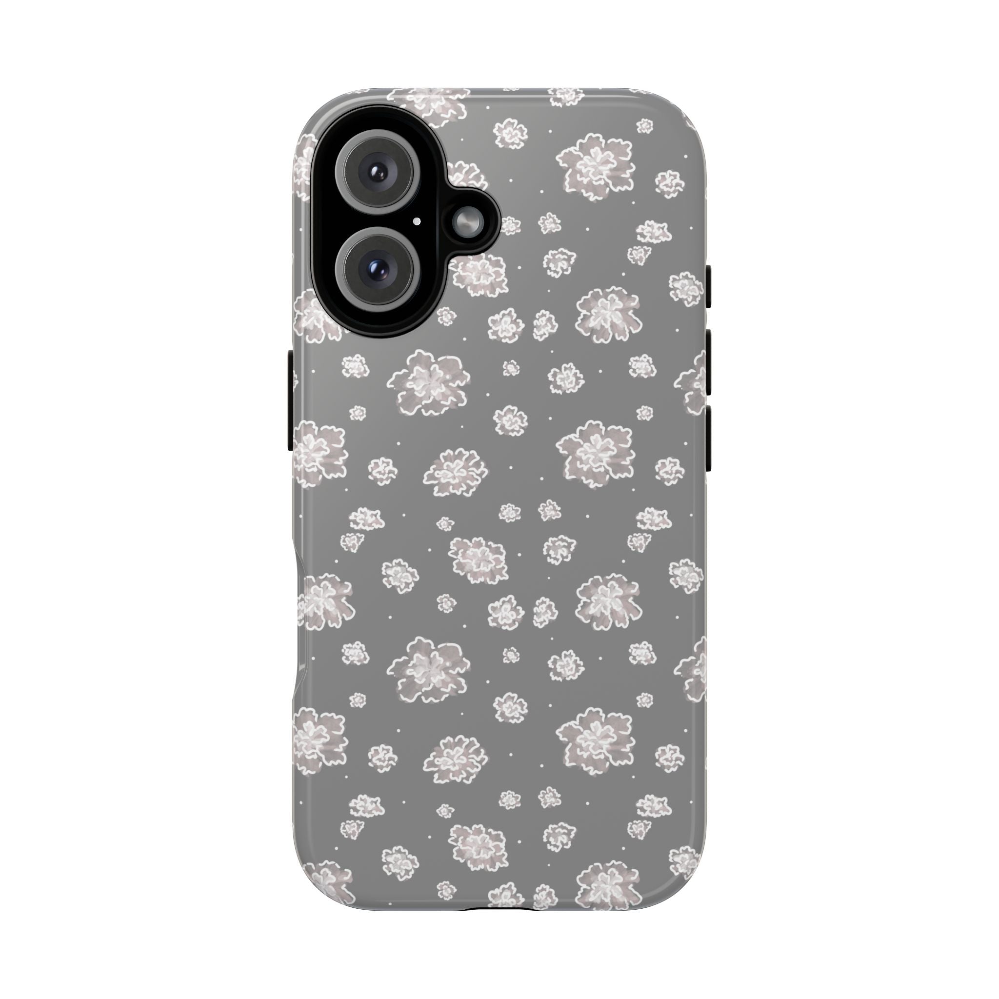 Floral Grey Tough Phone Case – Protective Slim Case with White Blossom Pattern