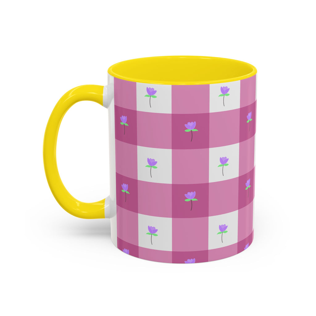 Pink Gingham Tulip Heart Floral Accent Coffee Mug – Cute Purple Rose Pattern (11/15 oz)