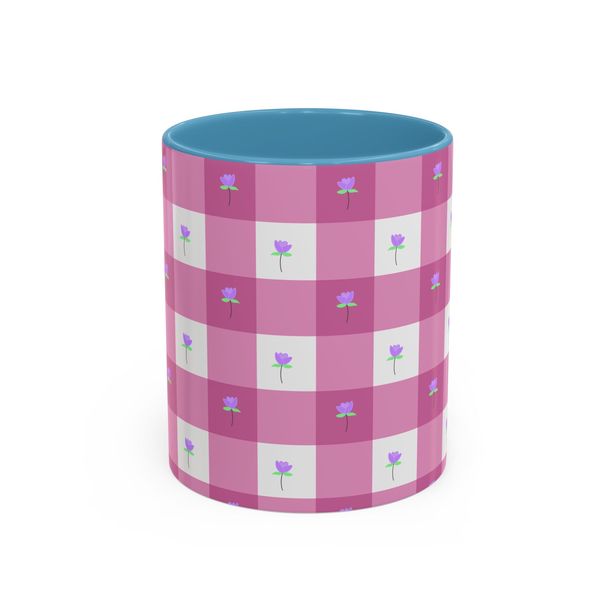 Pink Gingham Floral Tulip Accent Coffee Mug — Cute Purple Rose Pattern (11/15oz)