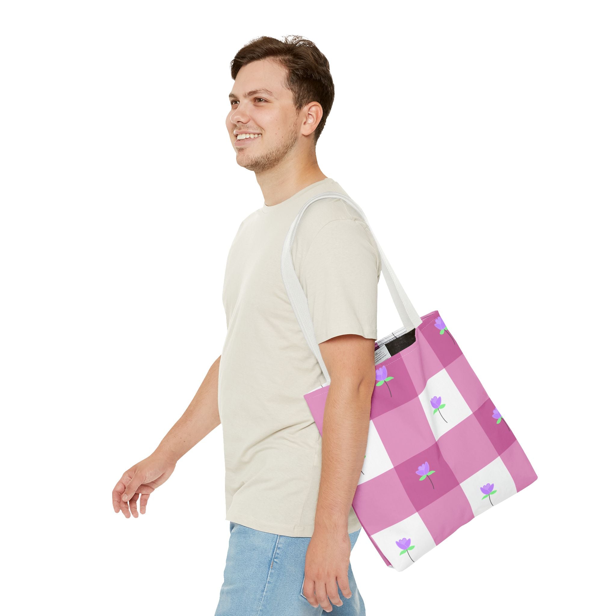 Pink Gingham Tulip Floral Tote Bag — Cute Checkered All-Over Print Tote