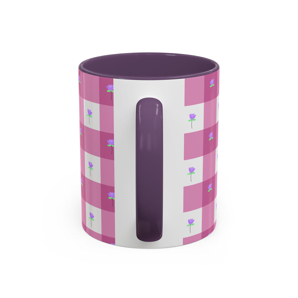 Pink Gingham Floral Tulip Accent Coffee Mug — Cute Purple Rose Pattern (11/15oz)