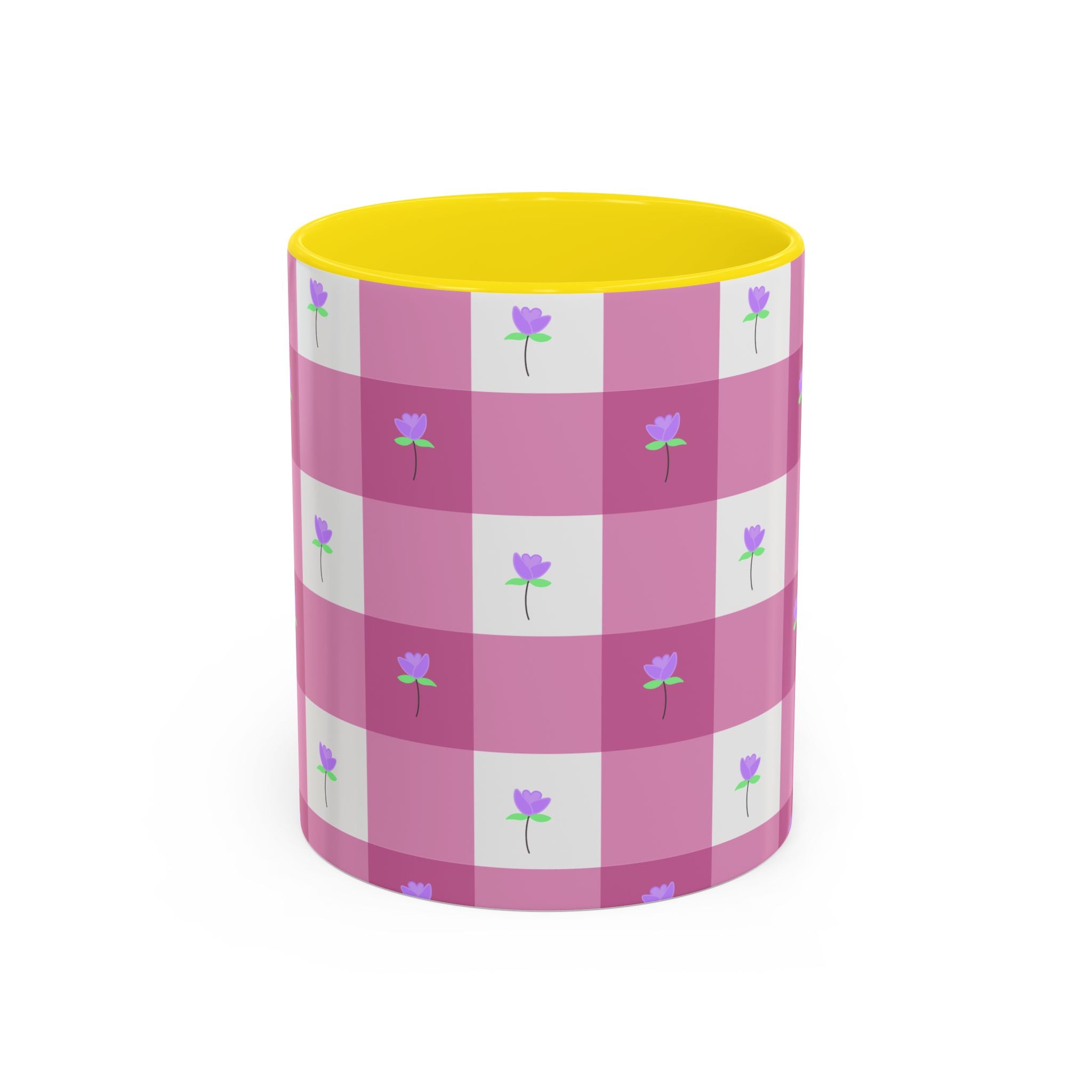 Pink Gingham Tulip Heart Floral Accent Coffee Mug – Cute Purple Rose Pattern (11/15 oz)