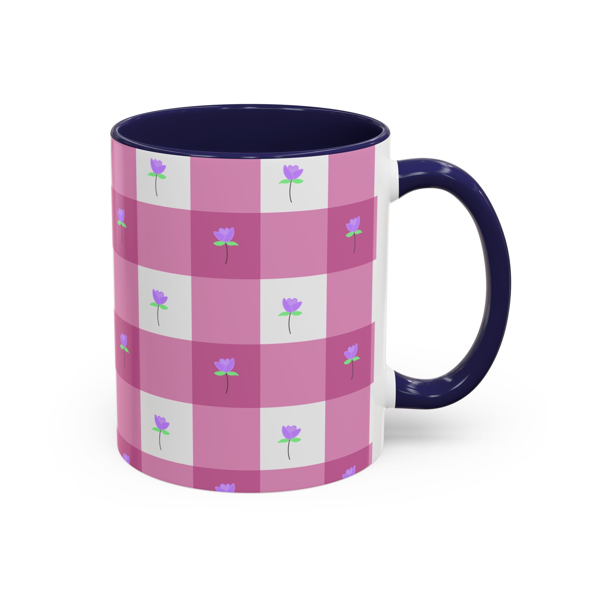 Pink Gingham Tulip Heart Floral Accent Coffee Mug – Cute Purple Rose Pattern (11/15 oz)