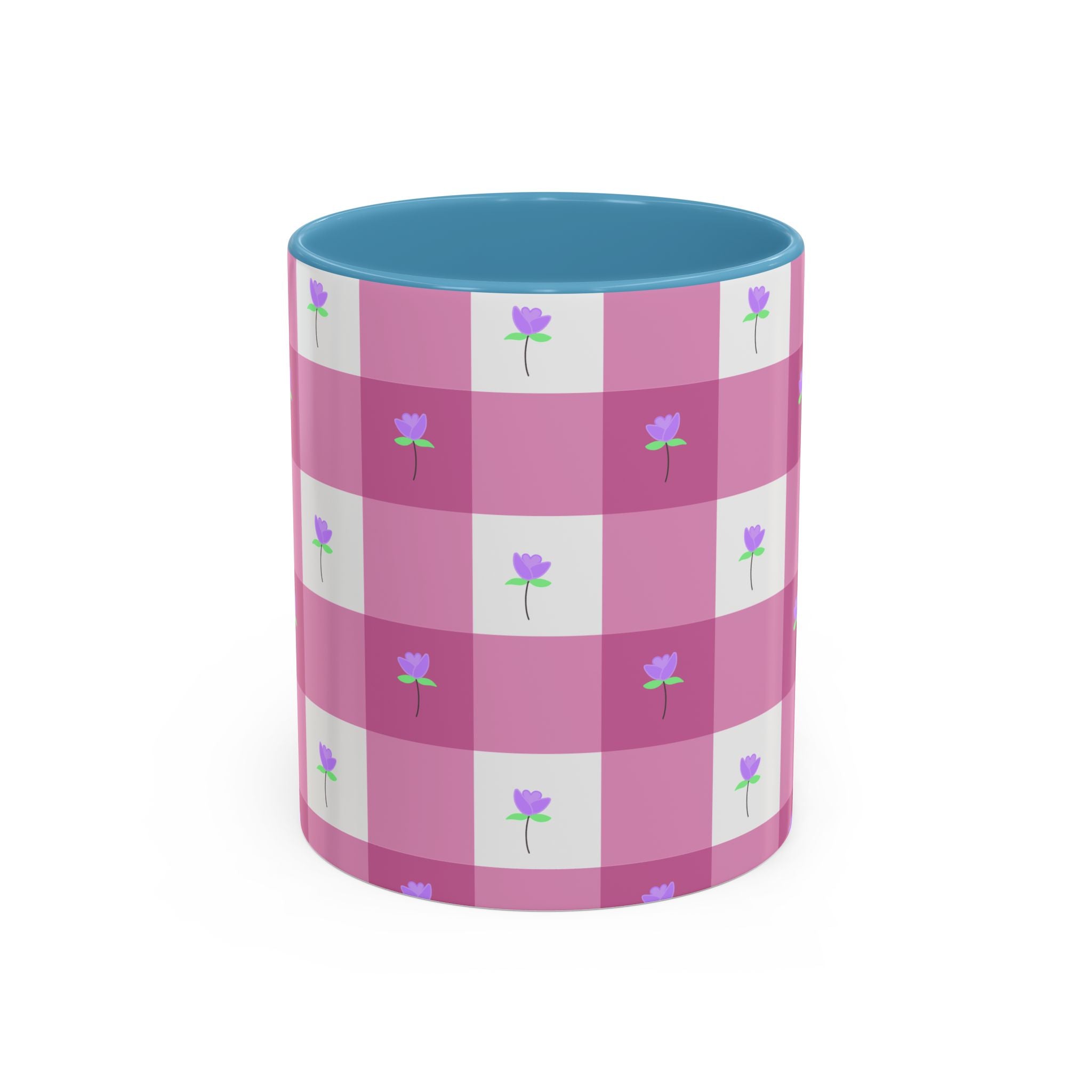 Pink Gingham Tulip Heart Floral Accent Coffee Mug – Cute Purple Rose Pattern (11/15 oz)