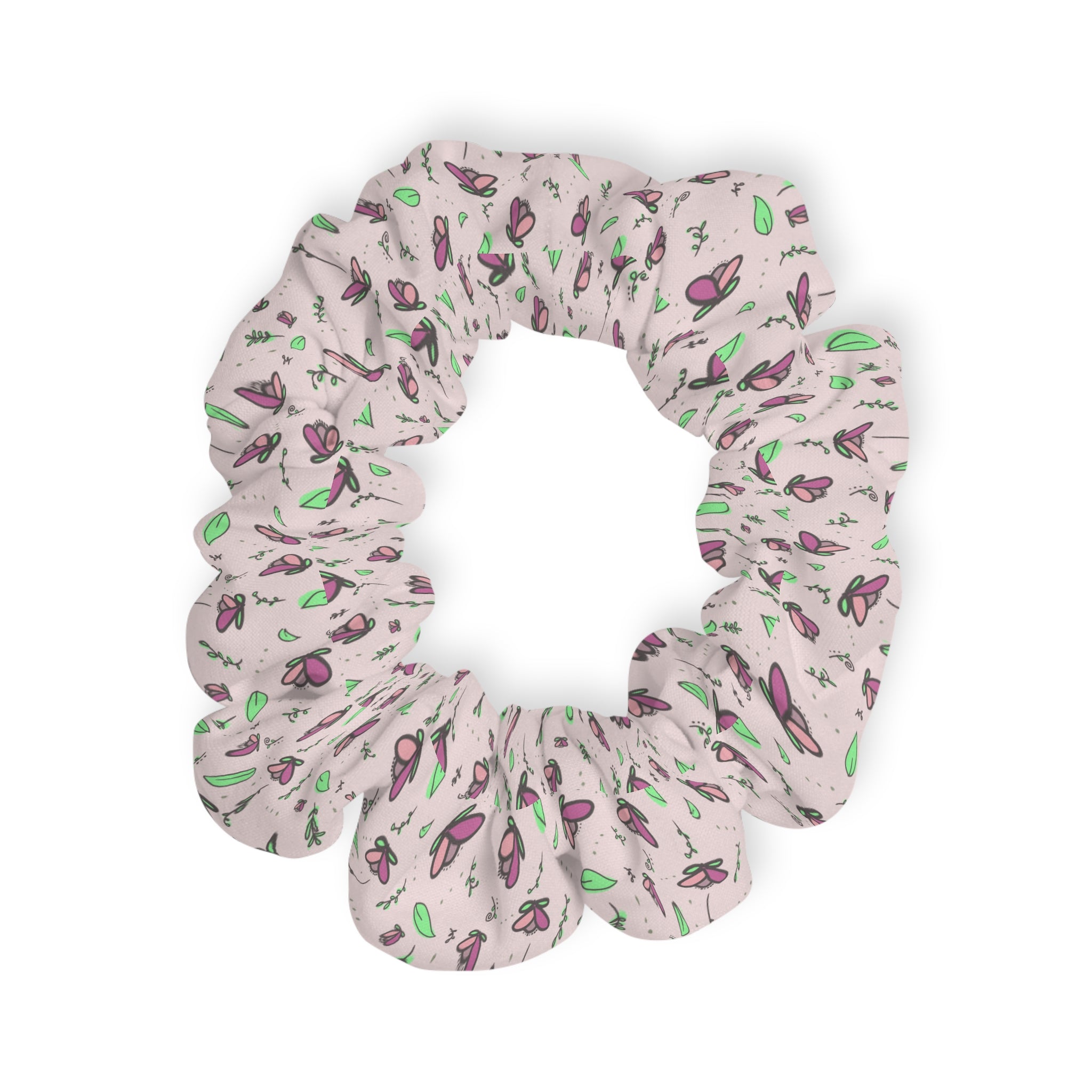 Tulip Petal Scrunchie — Pastel Pink Tulips & Leaf Hair Tie