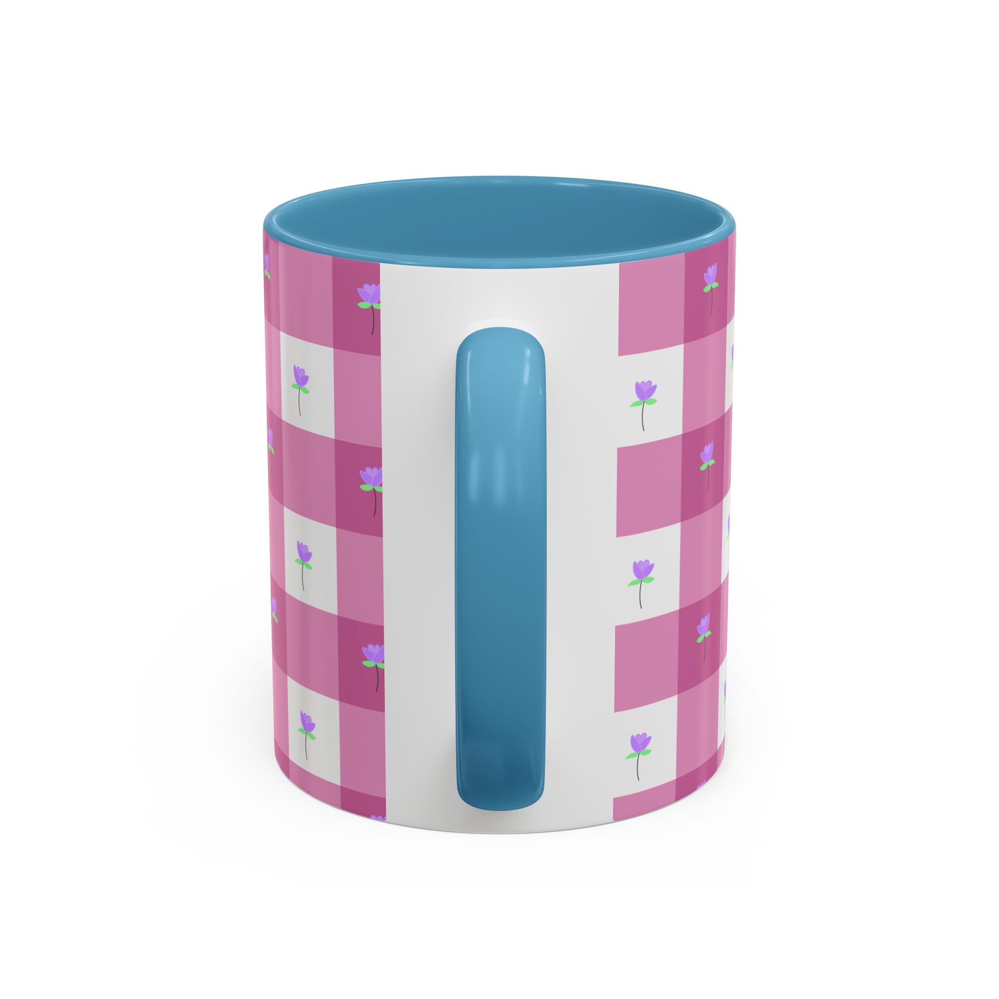 Pink Gingham Floral Tulip Accent Coffee Mug — Cute Purple Rose Pattern (11/15oz)