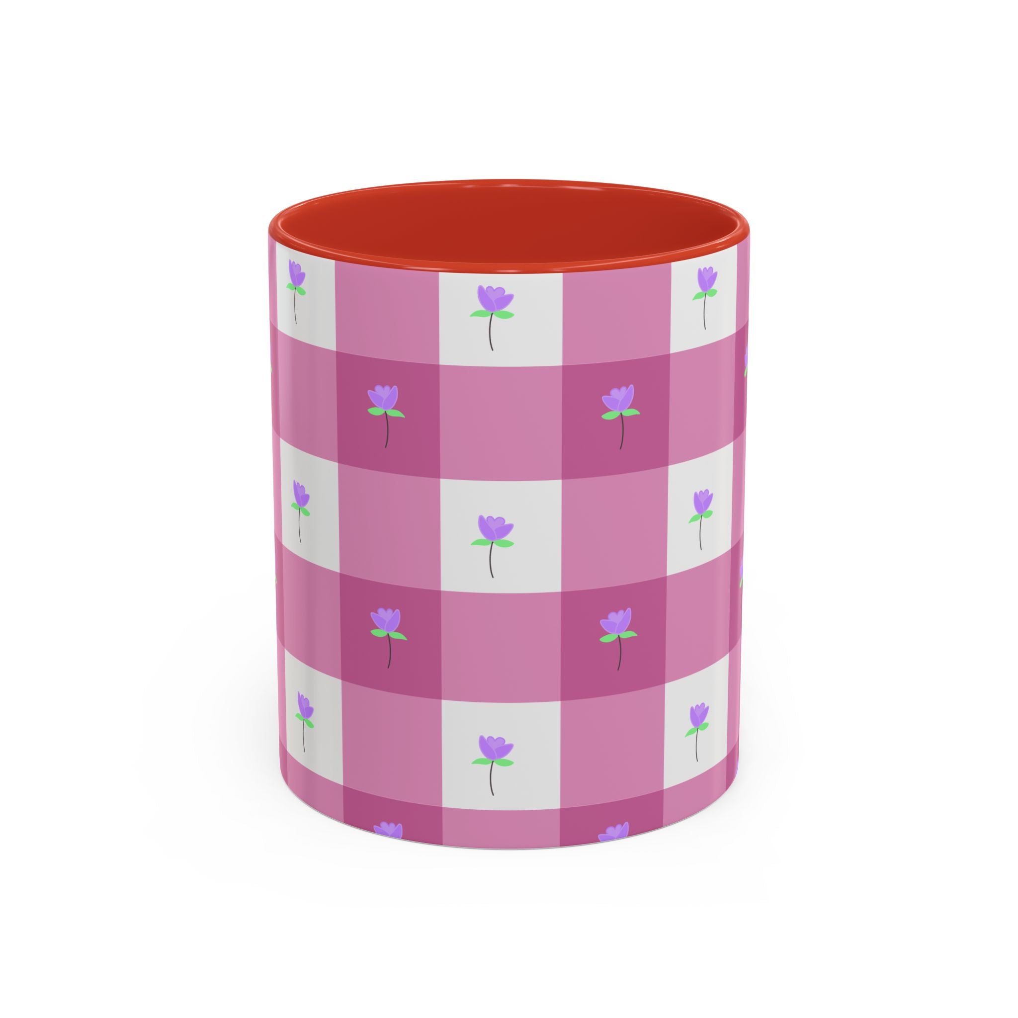 Pink Gingham Tulip Heart Floral Accent Coffee Mug – Cute Purple Rose Pattern (11/15 oz)