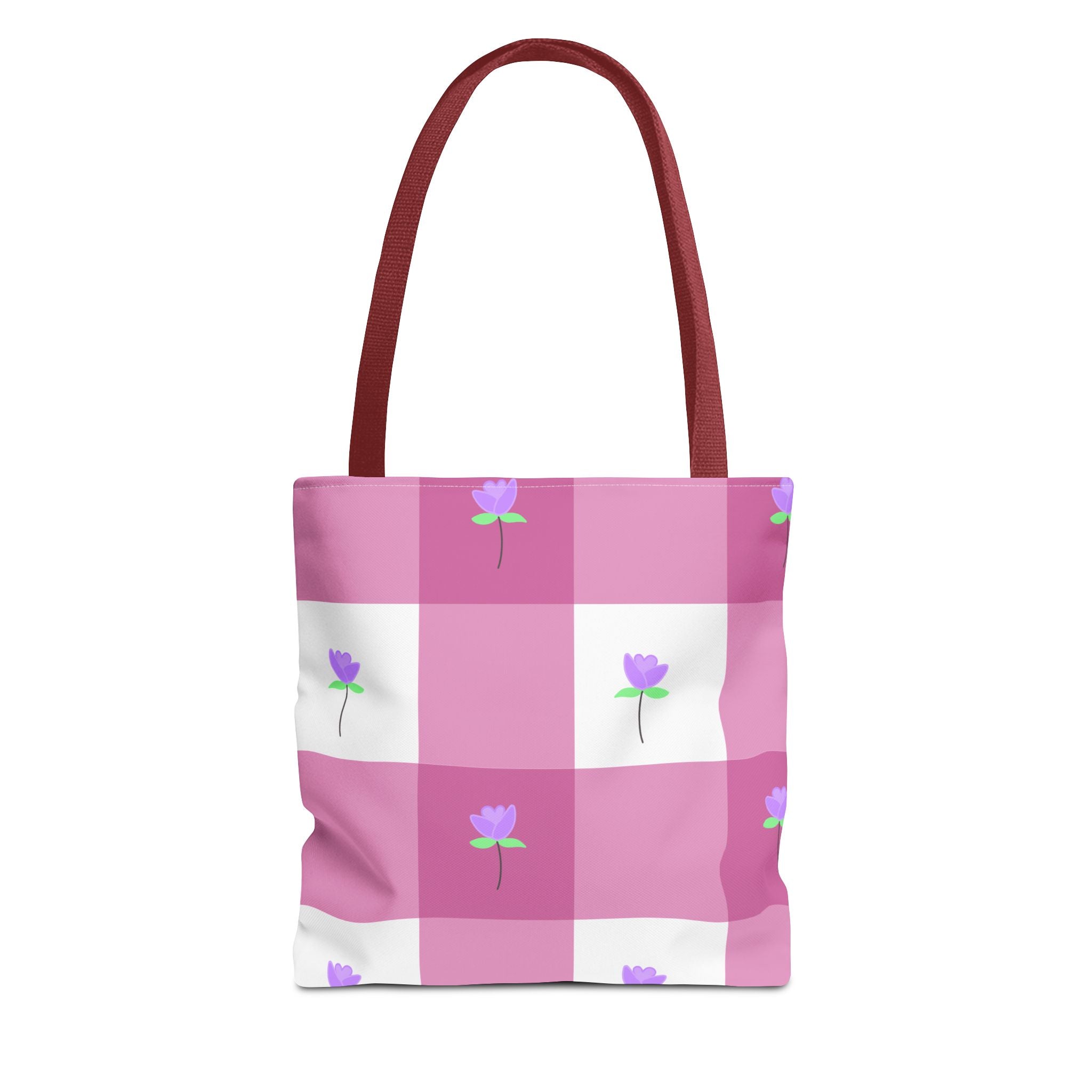 Pink Gingham Tulip Floral Tote Bag — Cute Checkered All-Over Print Tote